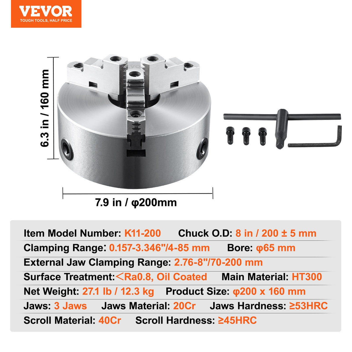 3-Jaw Lathe Chuck, 200 mm, Self-Centering Lathe Chuck, 4-200 mm Clamping Range with T-key Fixing Screws V952-SZKP8YC3G000VDWGDV0