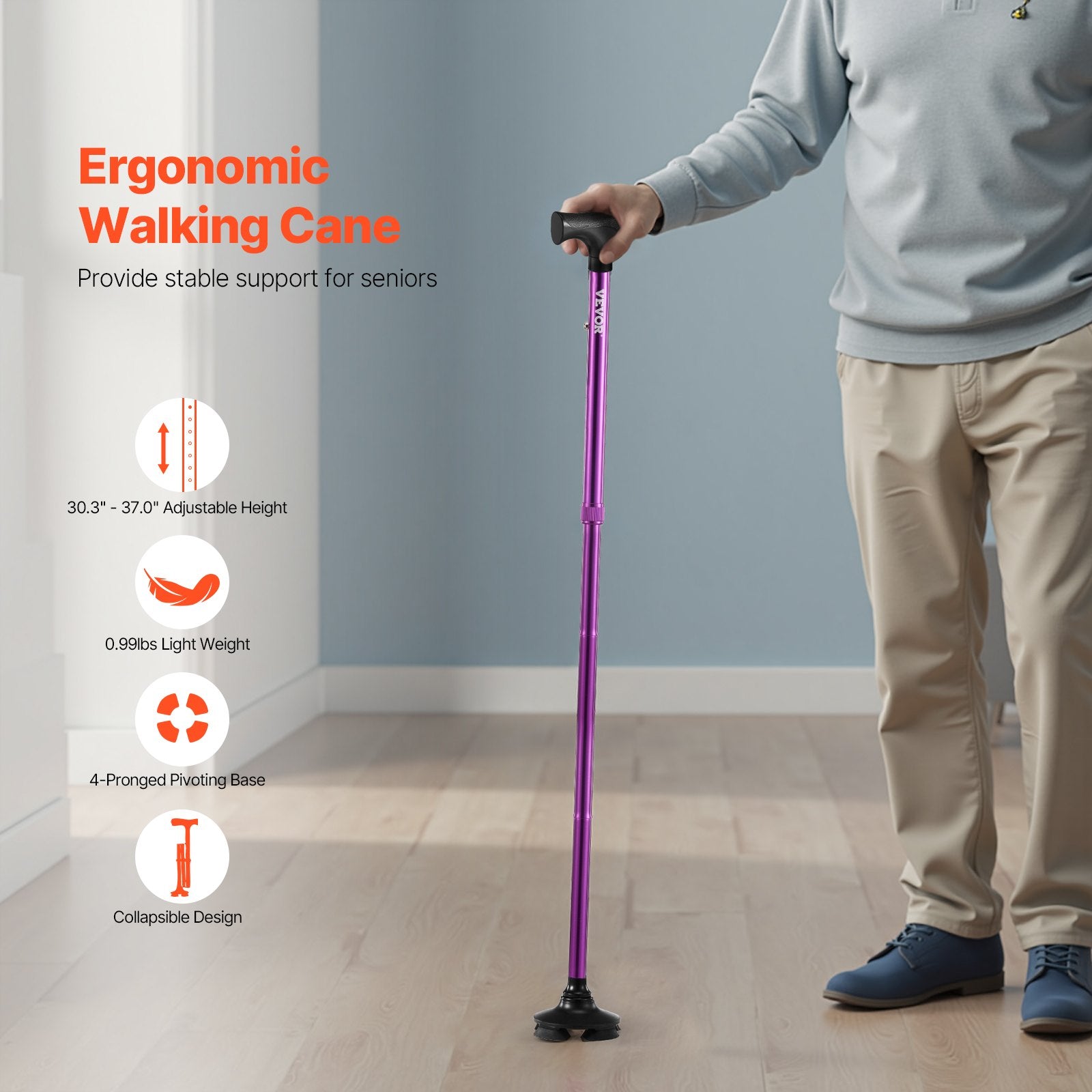 Walking Cane Folding Walking Stick 8-Level Height 4-Pronged Pivoting Base V952-SZKZD4JWXDZBSG8YLV0