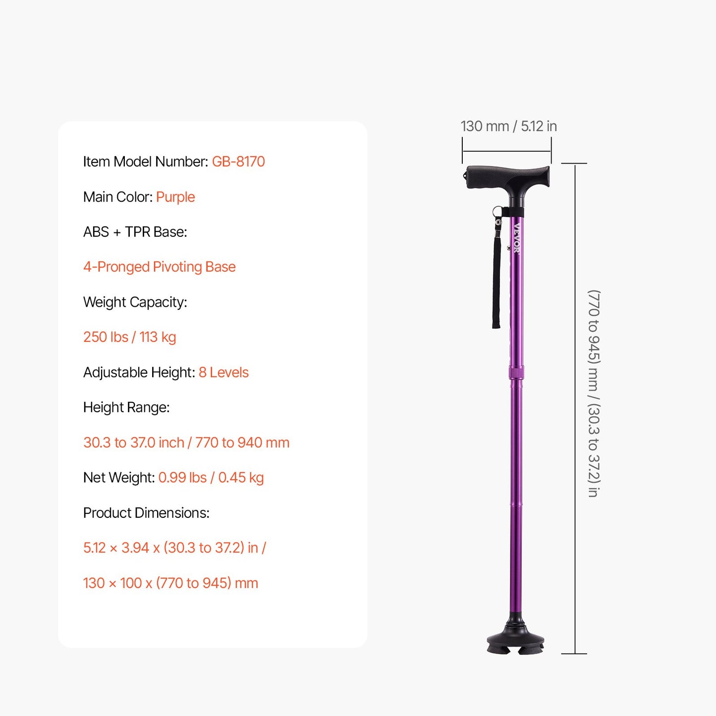 Walking Cane Folding Walking Stick 8-Level Height 4-Pronged Pivoting Base V952-SZKZD4JWXDZBSG8YLV0