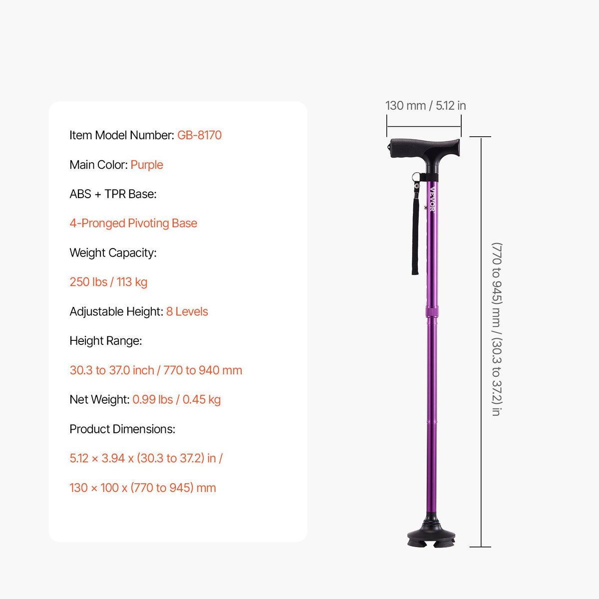 Walking Cane Folding Walking Stick 8-Level Height 4-Pronged Pivoting Base V952-SZKZD4JWXDZBSG8YLV0