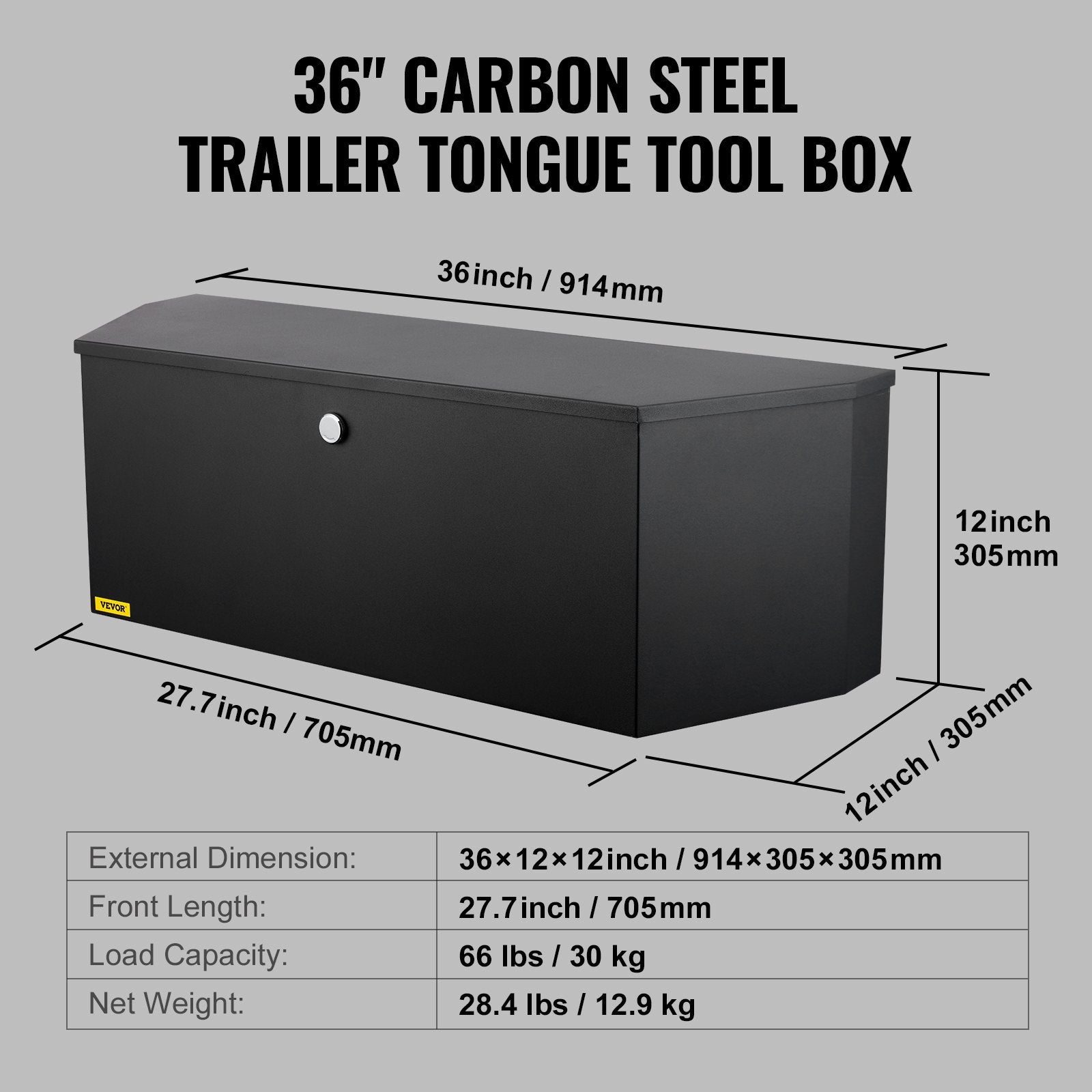 Trailer Tongue Box, Carbon Steel Tongue Box Tool Chest, Heavy Duty Trailer Box Storage with Lock and Keys, V952-T36X12X12INCHJ5V8V0