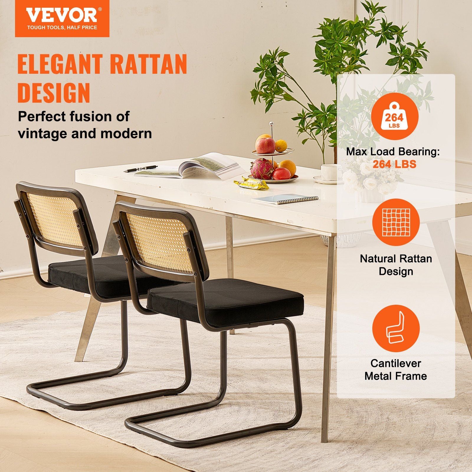 Rattan Chairs, Set of 2, Mid Century Modern Dining Chair, Upholstered Velvet Accent Chair with Rattan Back, V952-TBYCYTERHS20VLE0IV0