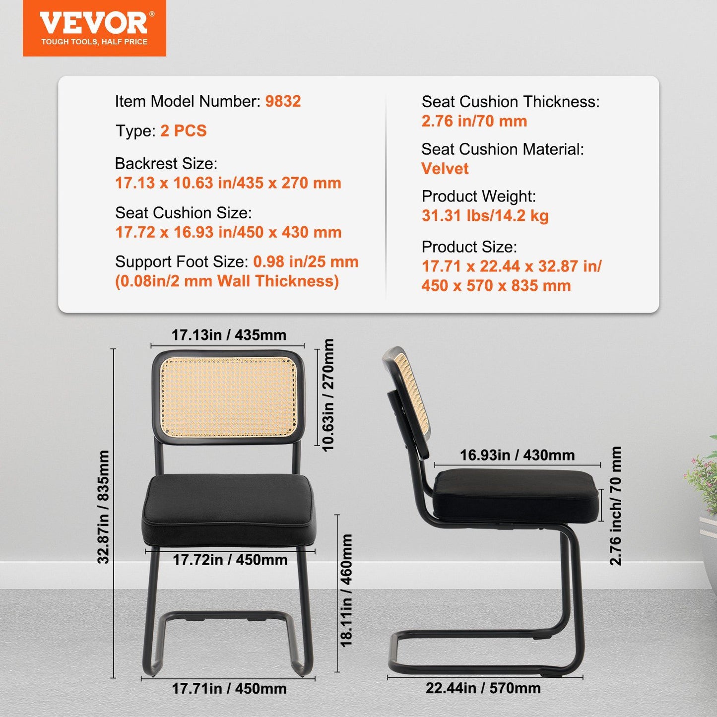 Rattan Chairs, Set of 2, Mid Century Modern Dining Chair, Upholstered Velvet Accent Chair with Rattan Back, V952-TBYCYTERHS20VLE0IV0