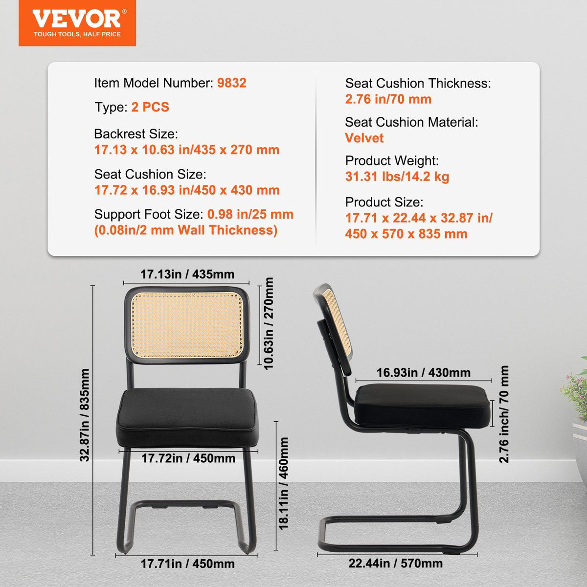Rattan Chairs, Set of 2, Mid Century Modern Dining Chair, Upholstered Velvet Accent Chair with Rattan Back, V952-TBYCYTERHS20VLE0IV0