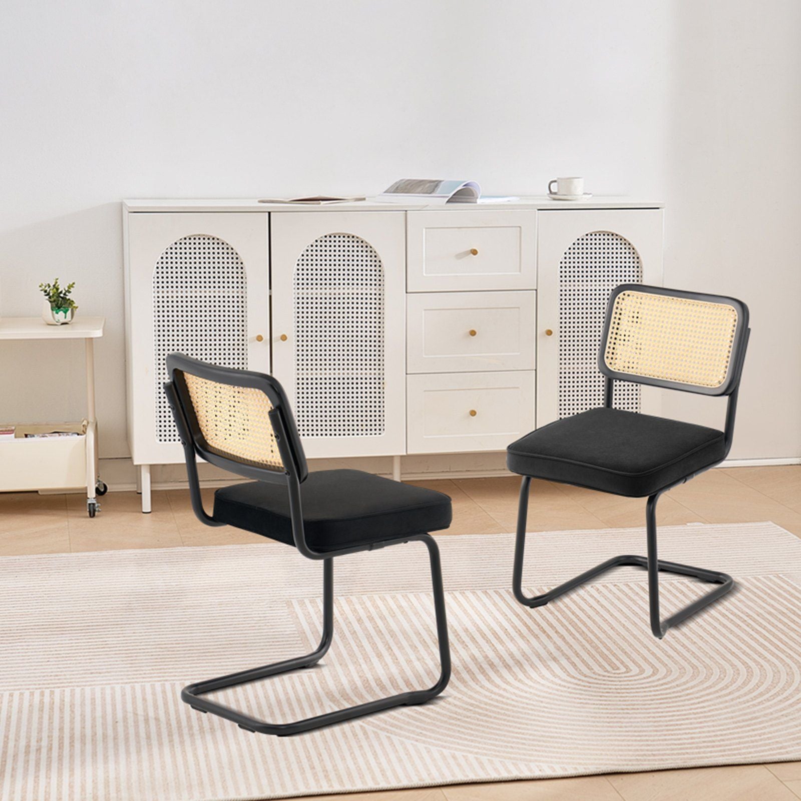 Rattan Chairs, Set of 2, Mid Century Modern Dining Chair, Upholstered Velvet Accent Chair with Rattan Back, V952-TBYCYTERHS20VLE0IV0