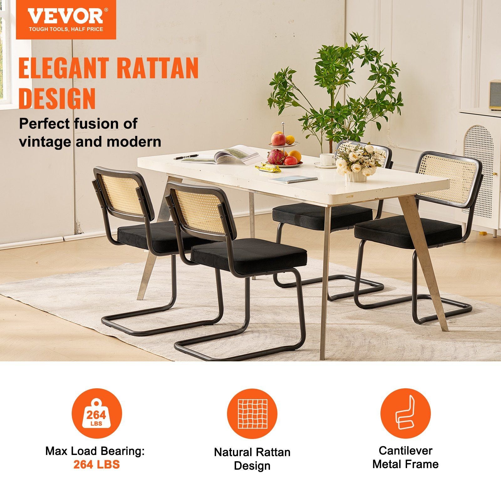 Rattan Chairs, Set of 4, Mid Century Modern Dining Chair, Upholstered Velvet Accent Chair with Rattan Back, V952-TBYCYTERHS40ZKRPTV0