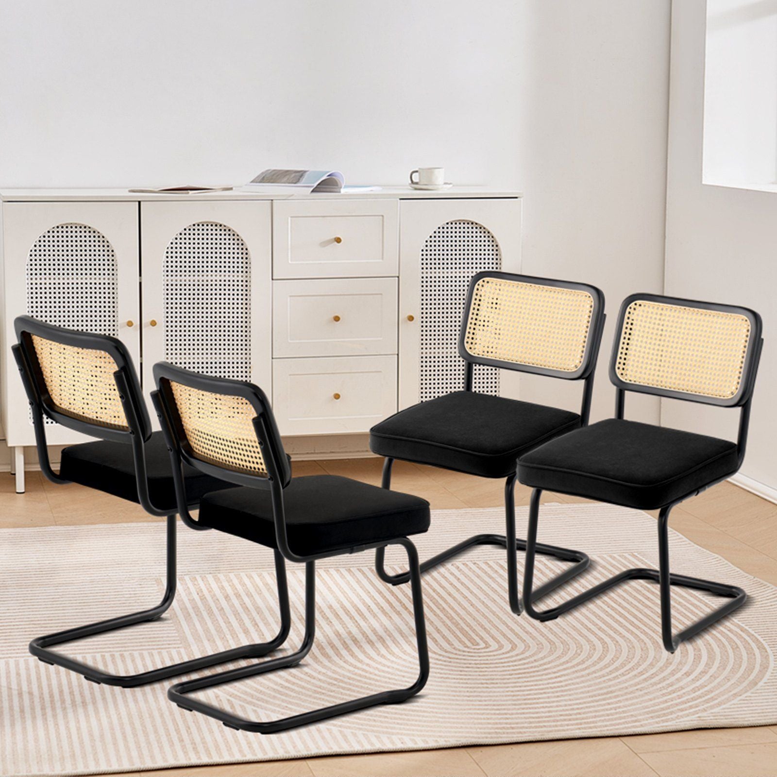 Rattan Chairs, Set of 4, Mid Century Modern Dining Chair, Upholstered Velvet Accent Chair with Rattan Back, V952-TBYCYTERHS40ZKRPTV0
