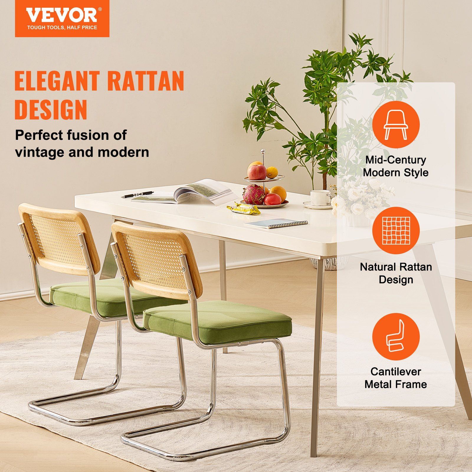 Rattan Chairs, Set of 2, Mid Century Modern Dining Chair, Upholstered Velvet Accent Chair with Rattan Back, V952-TBYCYTERLS206AHX9V0