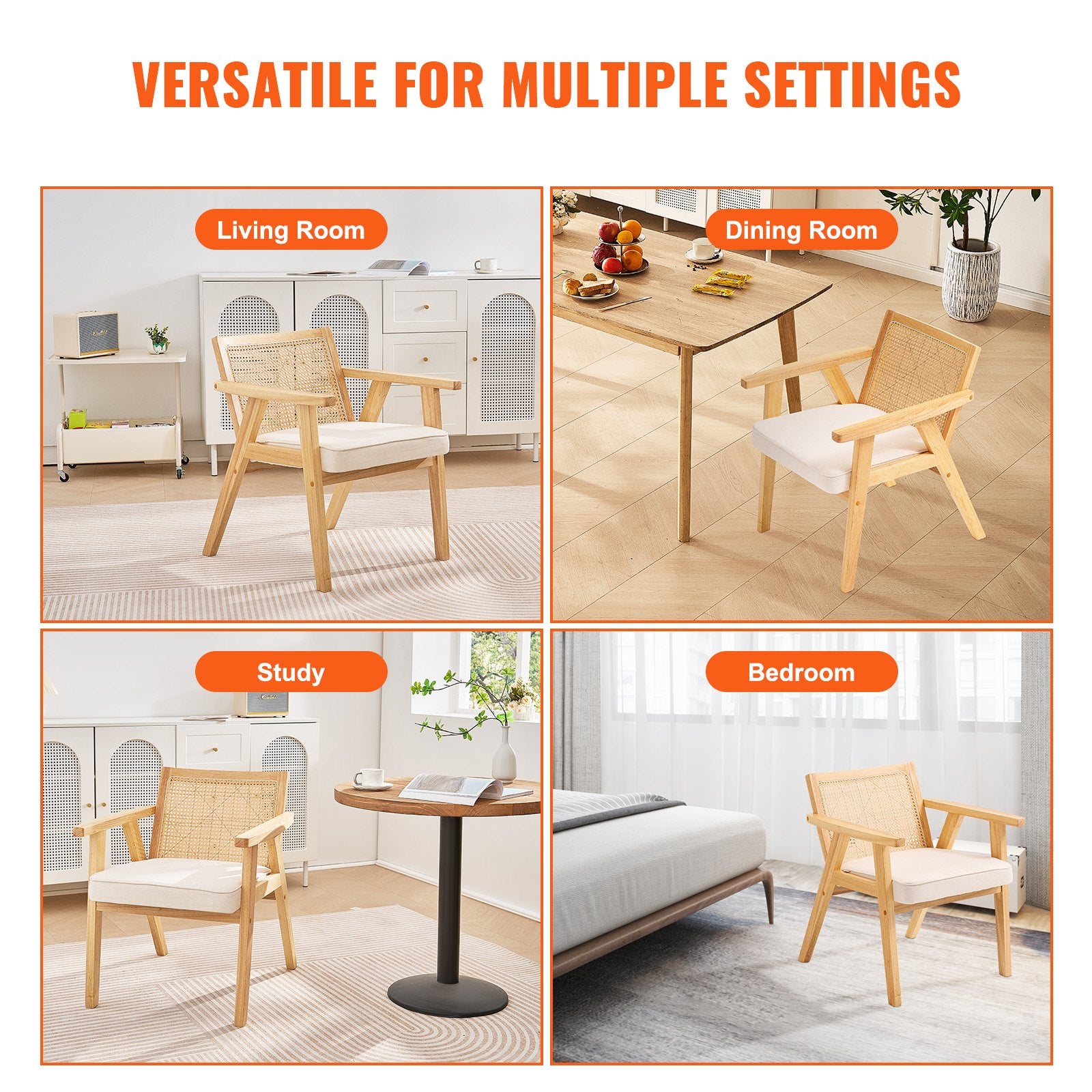 Rattan Chair, Mid Century Modern Dining Chair with Armrest, Upholstered Chair with Rattan Back, Retro Rattan V952-TBYYMS4KTYBYP9GE1V0