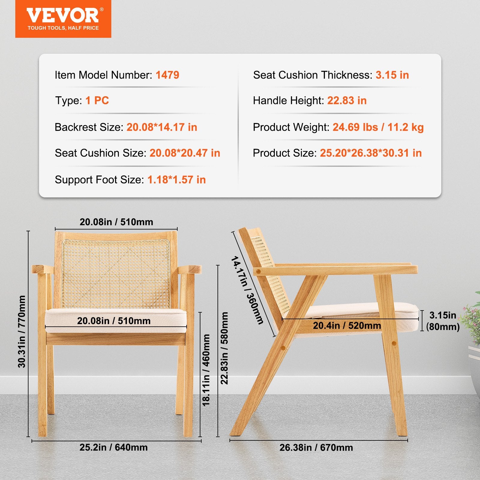 Rattan Chair, Mid Century Modern Dining Chair with Armrest, Upholstered Chair with Rattan Back, Retro Rattan V952-TBYYMS4KTYBYP9GE1V0