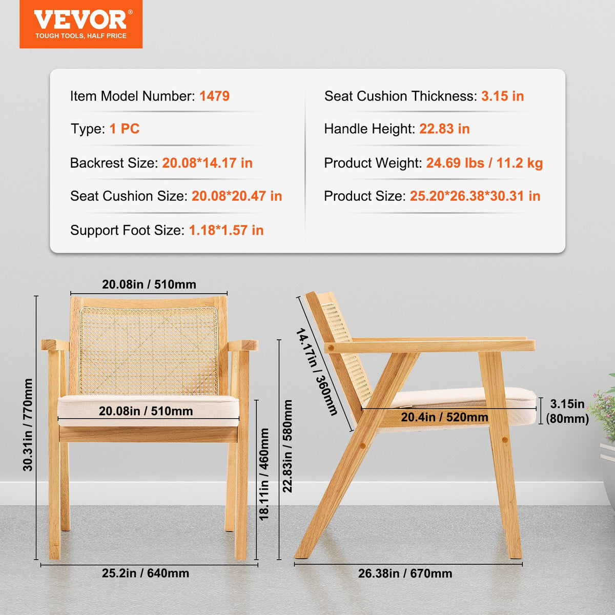 Rattan Chair, Mid Century Modern Dining Chair with Armrest, Upholstered Chair with Rattan Back, Retro Rattan V952-TBYYMS4KTYBYP9GE1V0
