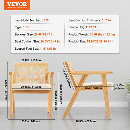 Rattan Chair, Mid Century Modern Dining Chair with Armrest, Upholstered Chair with Rattan Back, Retro Rattan V952-TBYYMS4KTYBYP9GE1V0