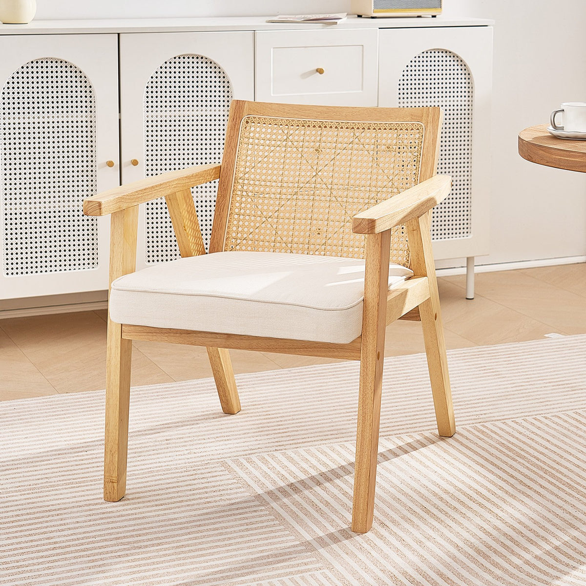 Rattan Chair, Mid Century Modern Dining Chair with Armrest, Upholstered Chair with Rattan Back, Retro Rattan V952-TBYYMS4KTYBYP9GE1V0