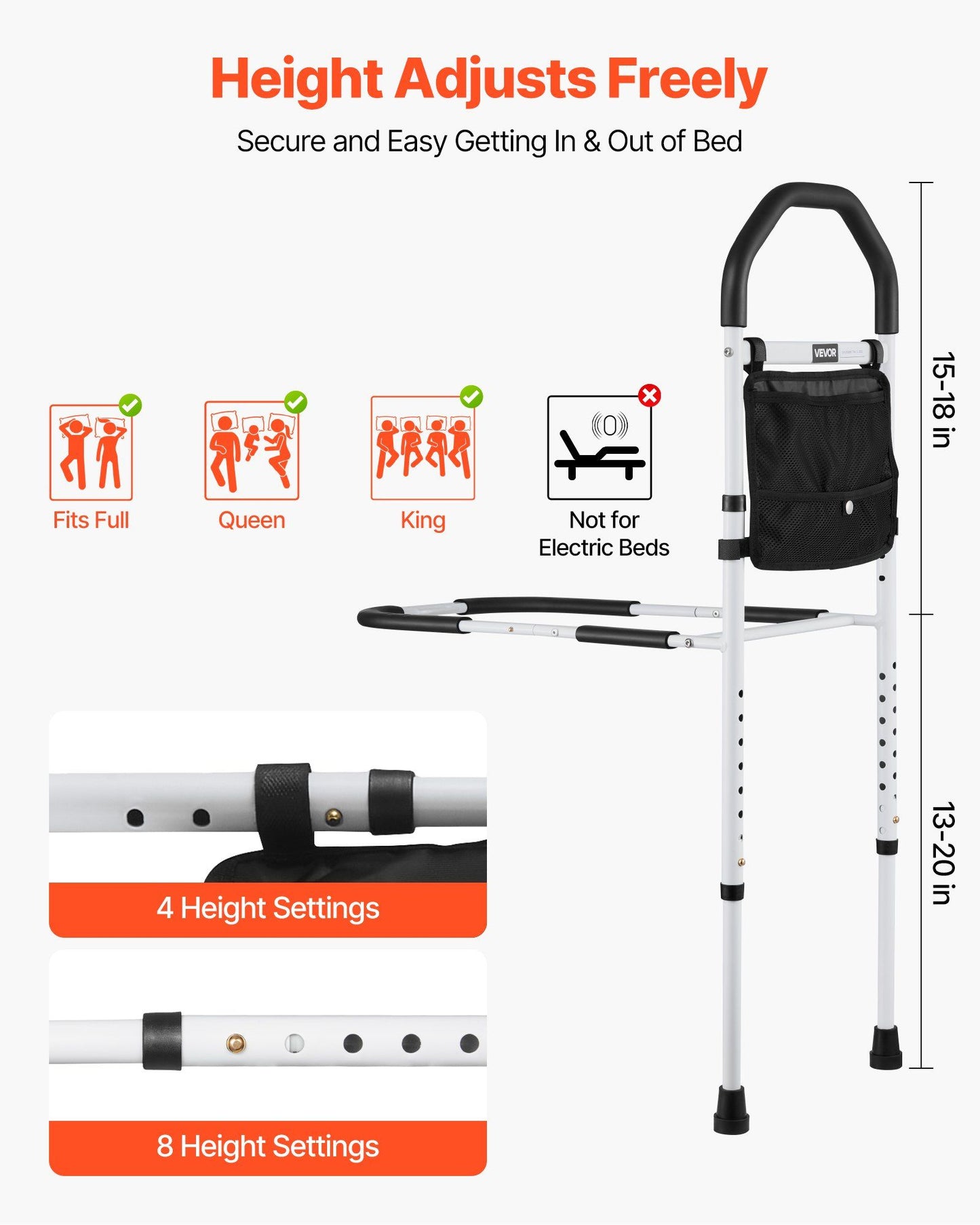 Bed Rail for Elderly, Bedside Assist Rails with Supporting Leg and PU Handrail, Adjustable Height Carbon V952-TBZCCBSTBZCBPSMCX001V0