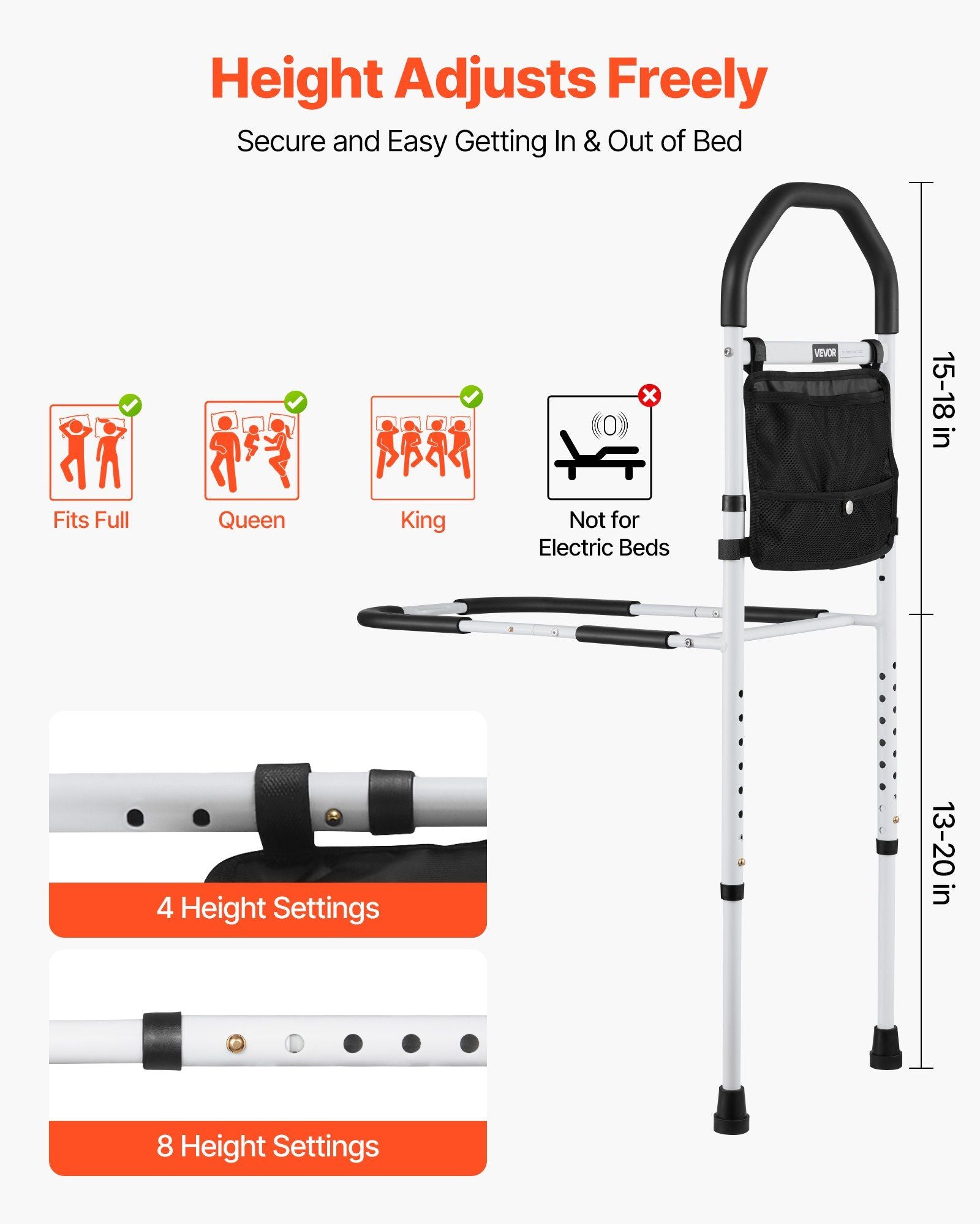 Bed Rail for Elderly, Bedside Assist Rails with Supporting Leg and PU Handrail, Adjustable Height Carbon V952-TBZCCBSTBZCBPSMCX001V0