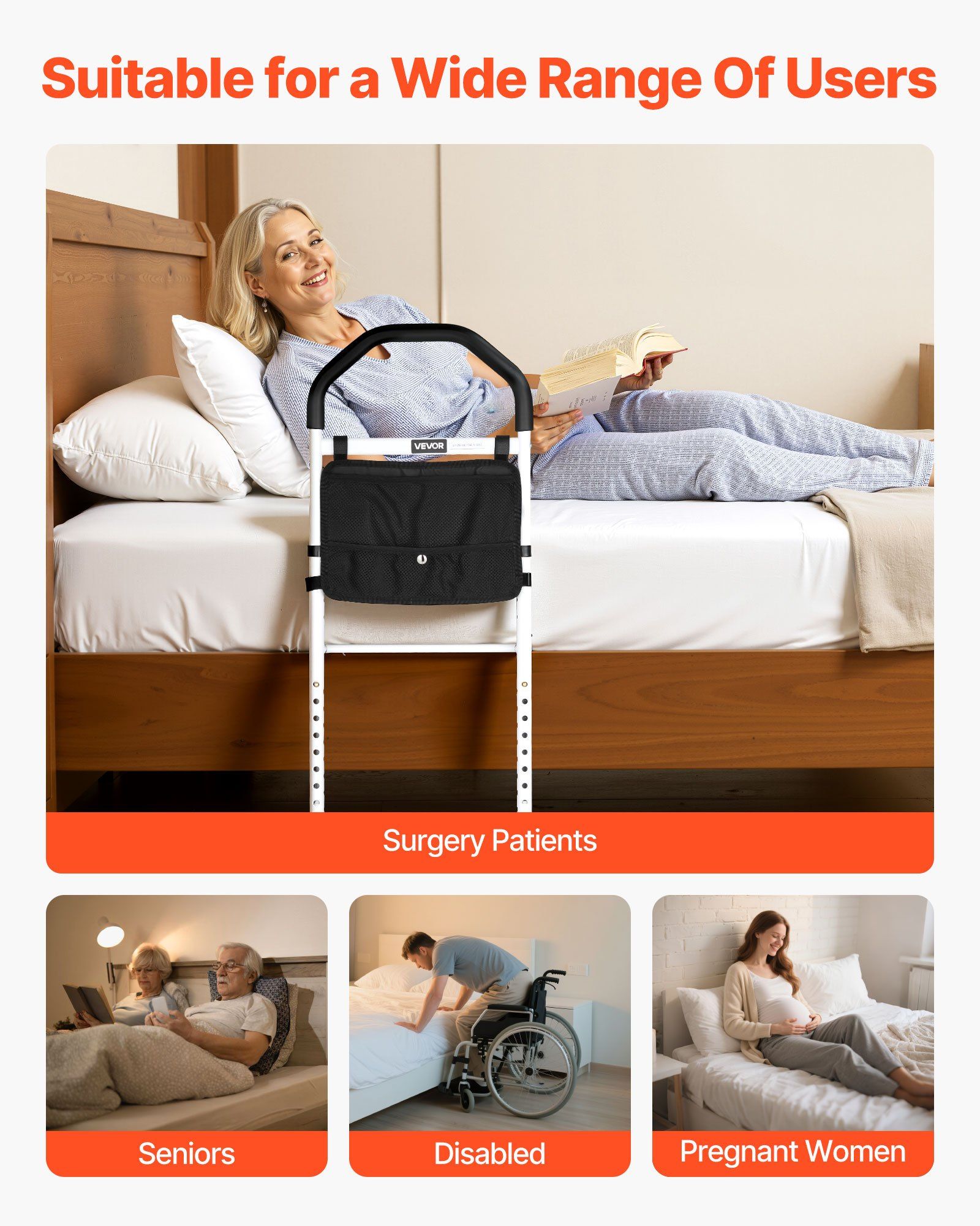 Bed Rail for Elderly, Bedside Assist Rails with Supporting Leg and PU Handrail, Adjustable Height Carbon V952-TBZCCBSTBZCBPSMCX001V0