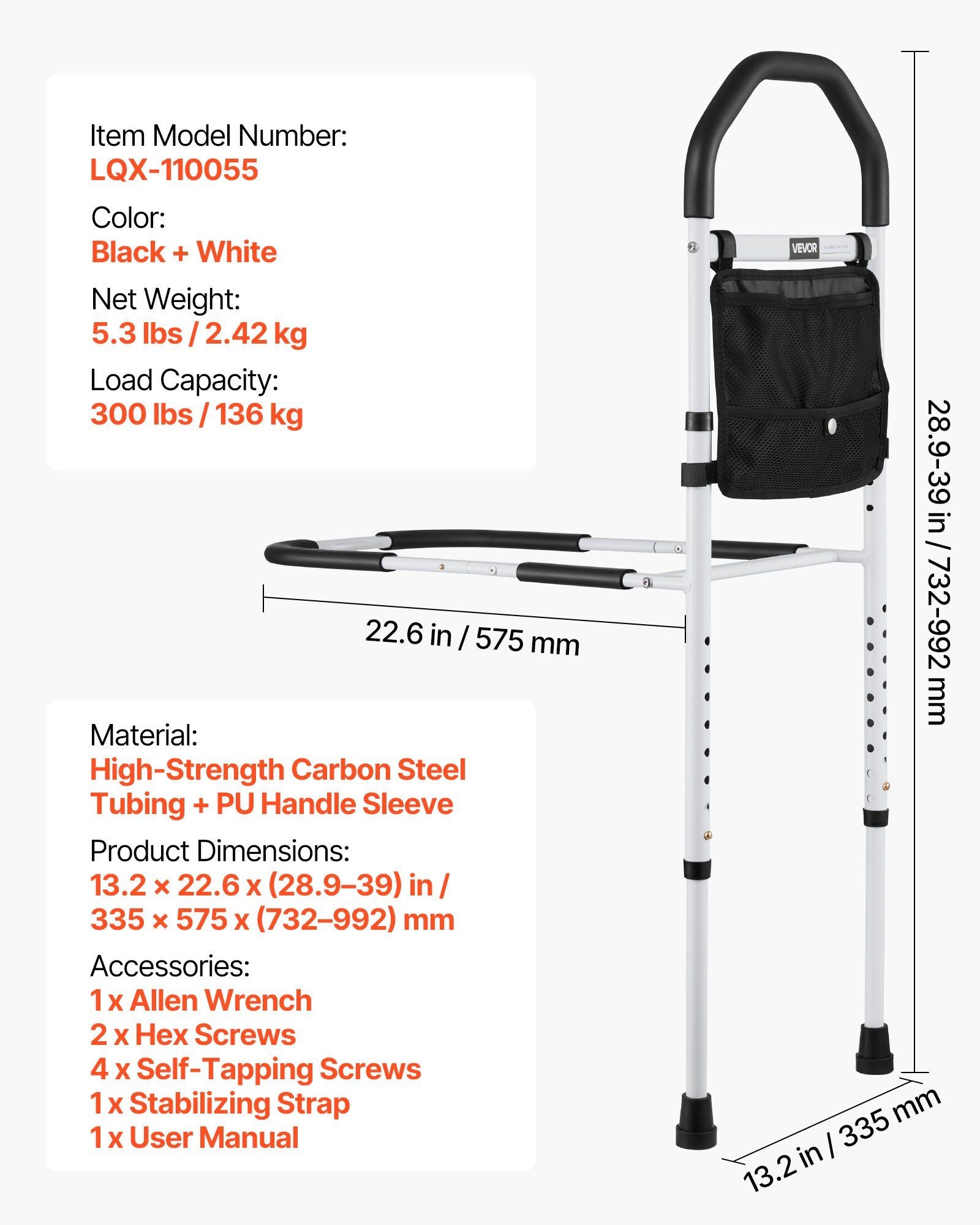 Bed Rail for Elderly, Bedside Assist Rails with Supporting Leg and PU Handrail, Adjustable Height Carbon V952-TBZCCBSTBZCBPSMCX001V0