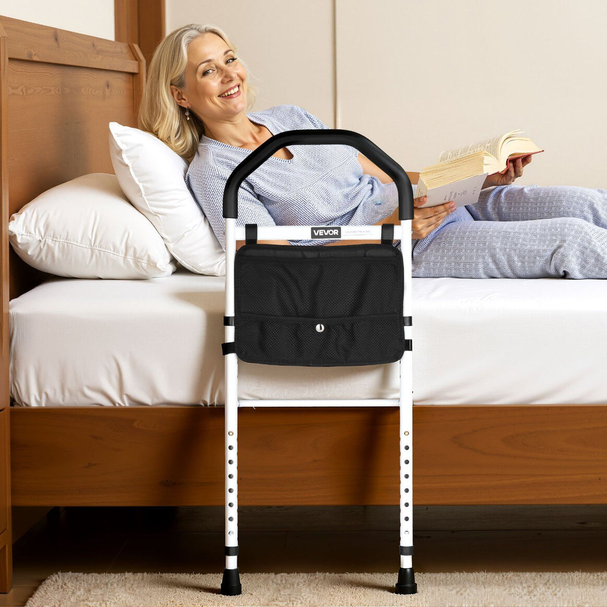 Bed Rail for Elderly, Bedside Assist Rails with Supporting Leg and PU Handrail, Adjustable Height Carbon V952-TBZCCBSTBZCBPSMCX001V0