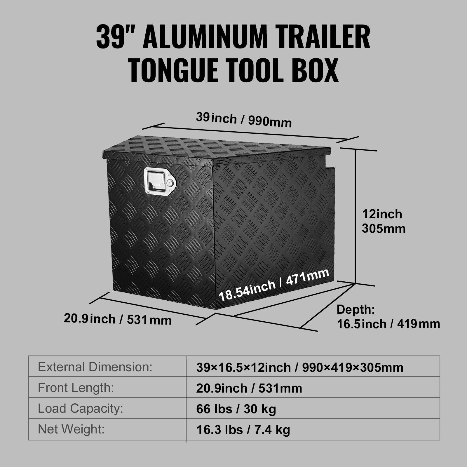 Trailer Tongue Box, Aluminum Alloy Diamond Plate Tongue Box Tool Chest, Heavy Duty Trailer Box Storage with V952-TC3916512INCHDMIJV0