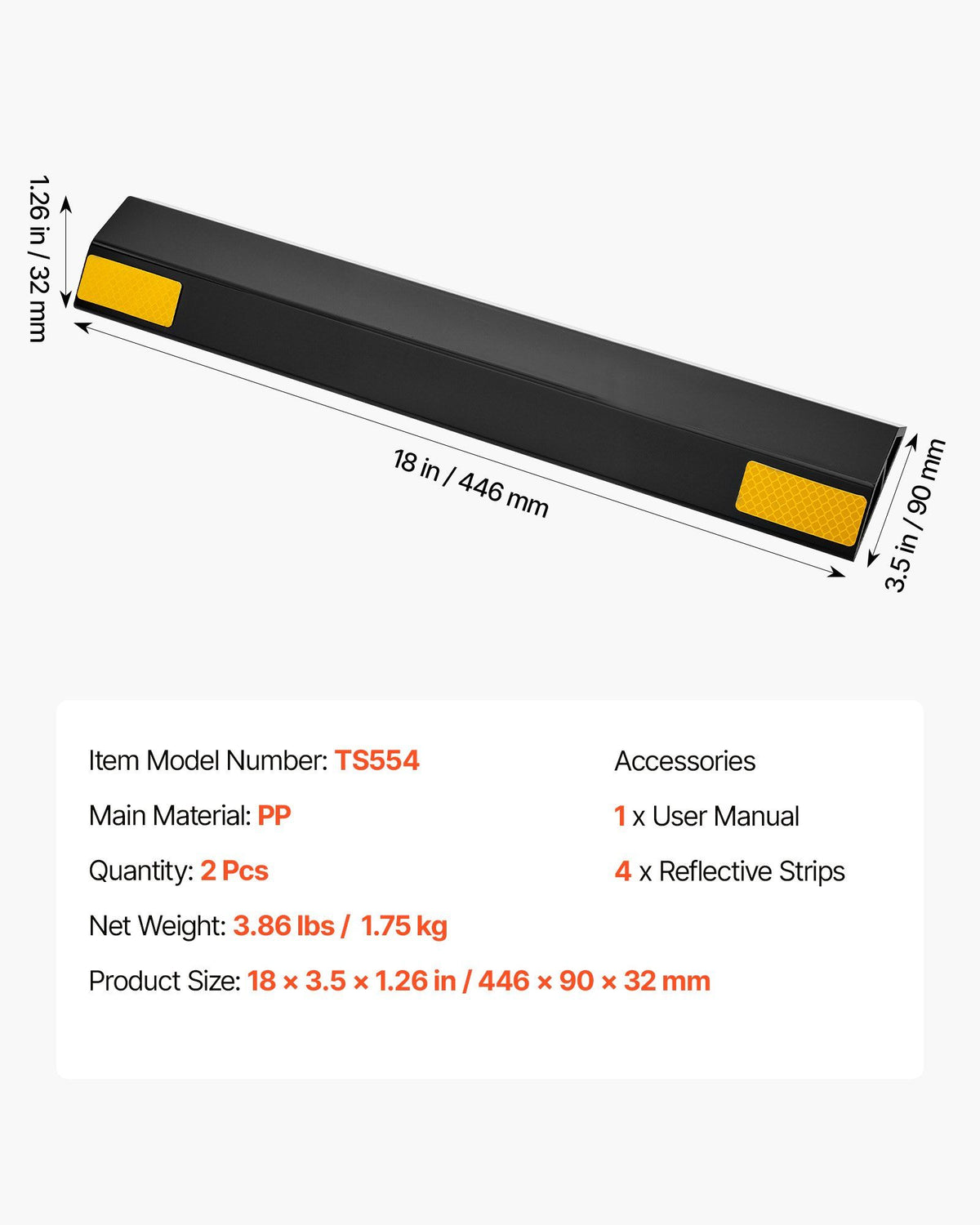 Parking Stopper, 446 mm 2 Pcs Heavy Duty Parking Aid for Garage, PP Curb Garage Floor Stopper with Reflective V952-TCDK1835125I3ODB9001V0