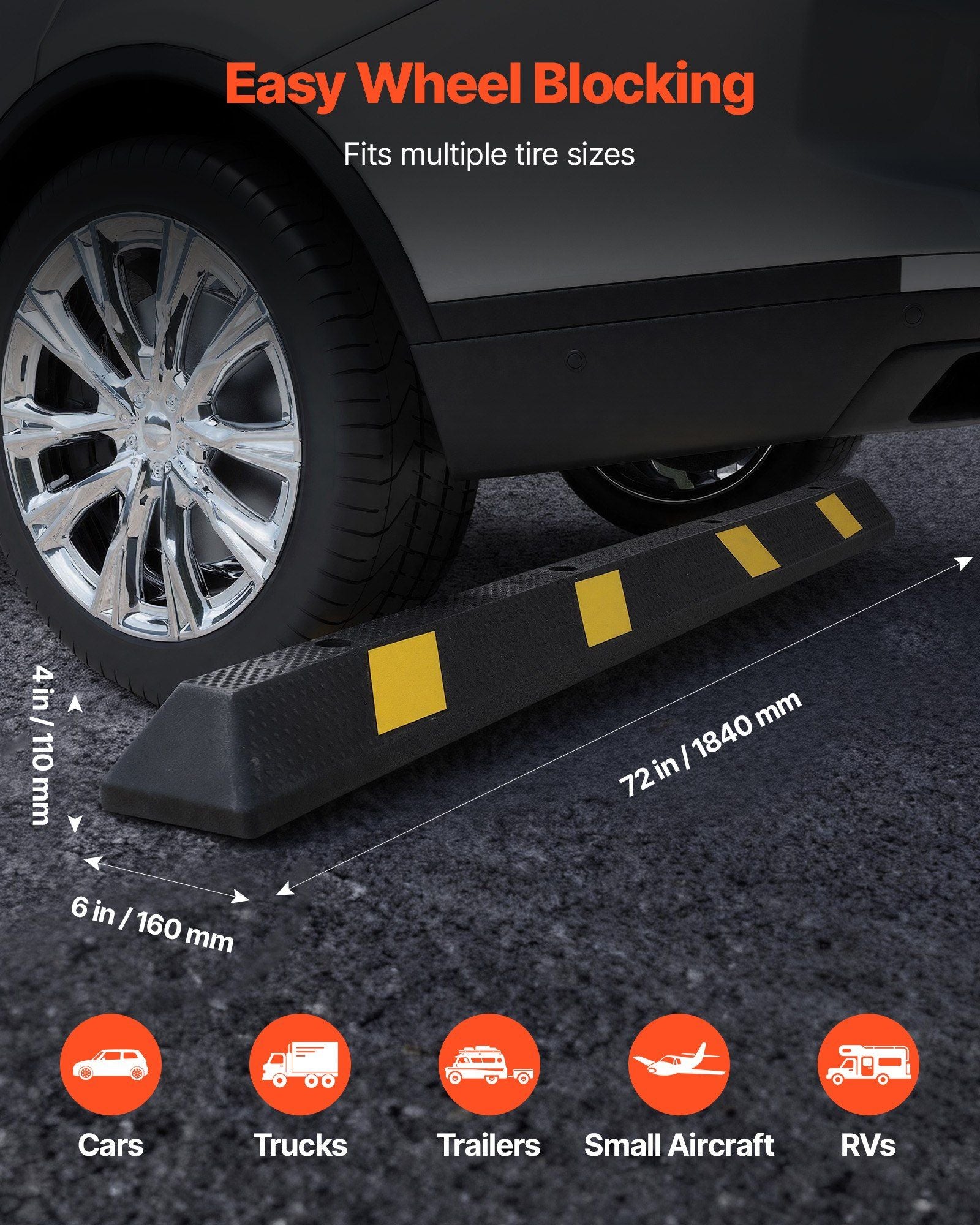 Parking Stopper, 1840 mm Heavy Duty Parking Aid for Garage, Rubber Curb Garage Floor Stopper with Reflective V952-TCDK7264INCHUM669001V0