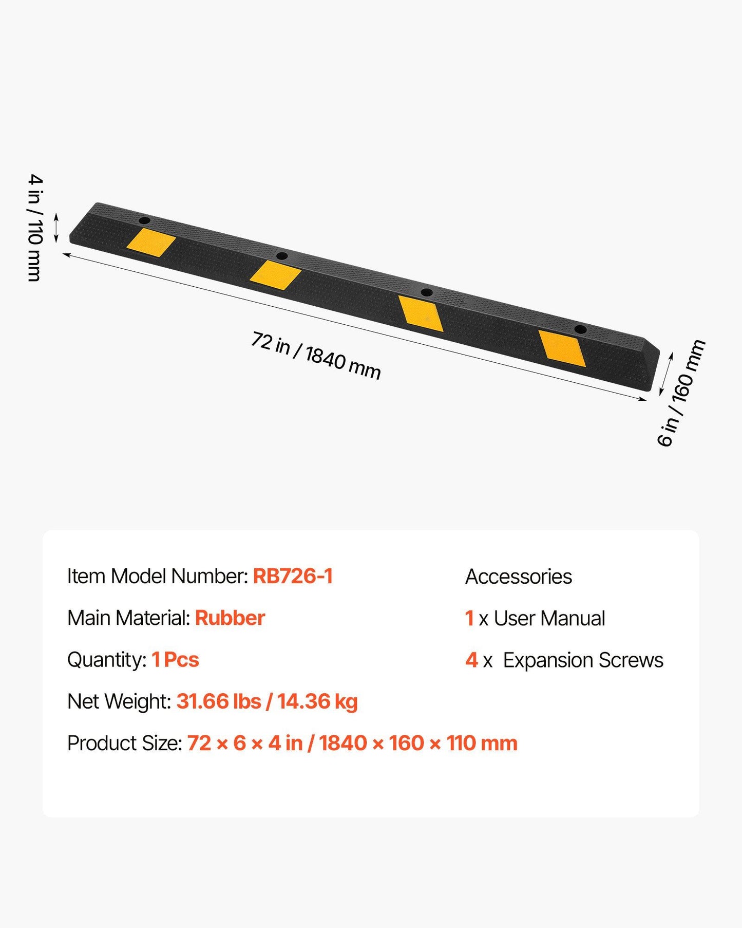 Parking Stopper, 1840 mm Heavy Duty Parking Aid for Garage, Rubber Curb Garage Floor Stopper with Reflective V952-TCDK7264INCHUM669001V0