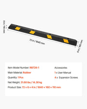 Parking Stopper, 1840 mm Heavy Duty Parking Aid for Garage, Rubber Curb Garage Floor Stopper with Reflective V952-TCDK7264INCHUM669001V0