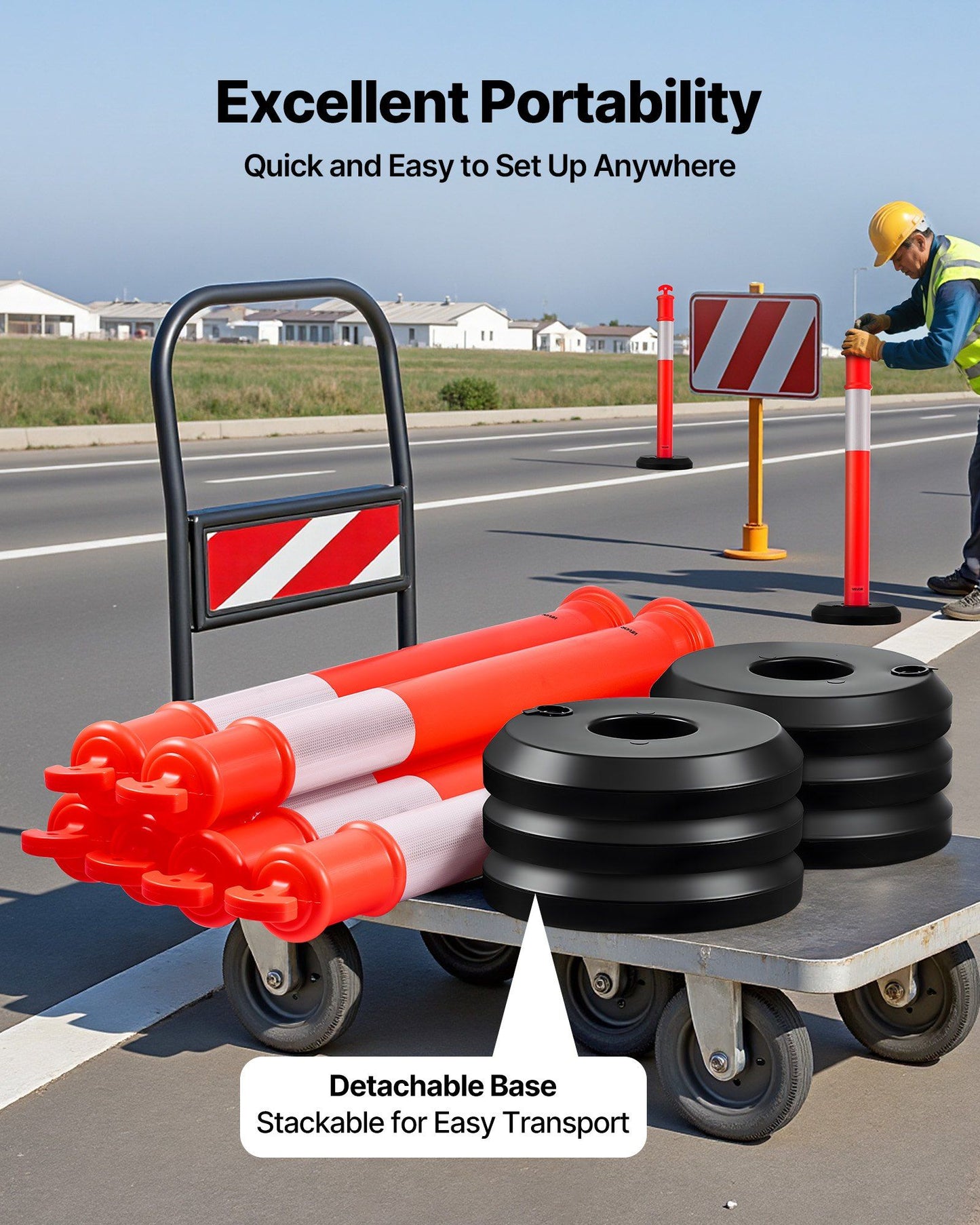 2 Pack Traffic Delineator Posts, 1140 mm Traffic Safety Cones with Fillable Base and Reflective Strips, Heavy V952-TCDZJTJSZHS4ZA5MR001V0