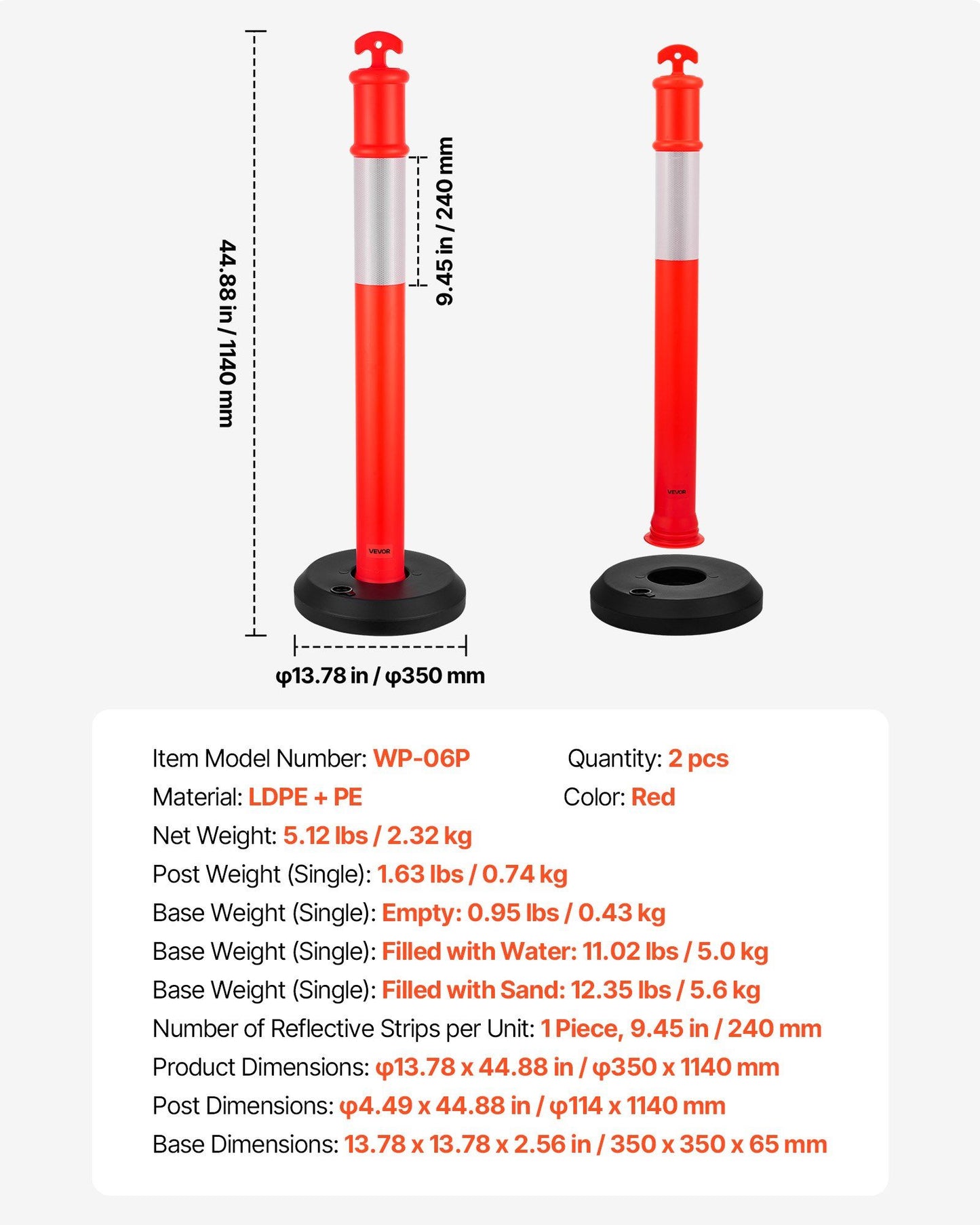 2 Pack Traffic Delineator Posts, 1140 mm Traffic Safety Cones with Fillable Base and Reflective Strips, Heavy V952-TCDZJTJSZHS4ZA5MR001V0