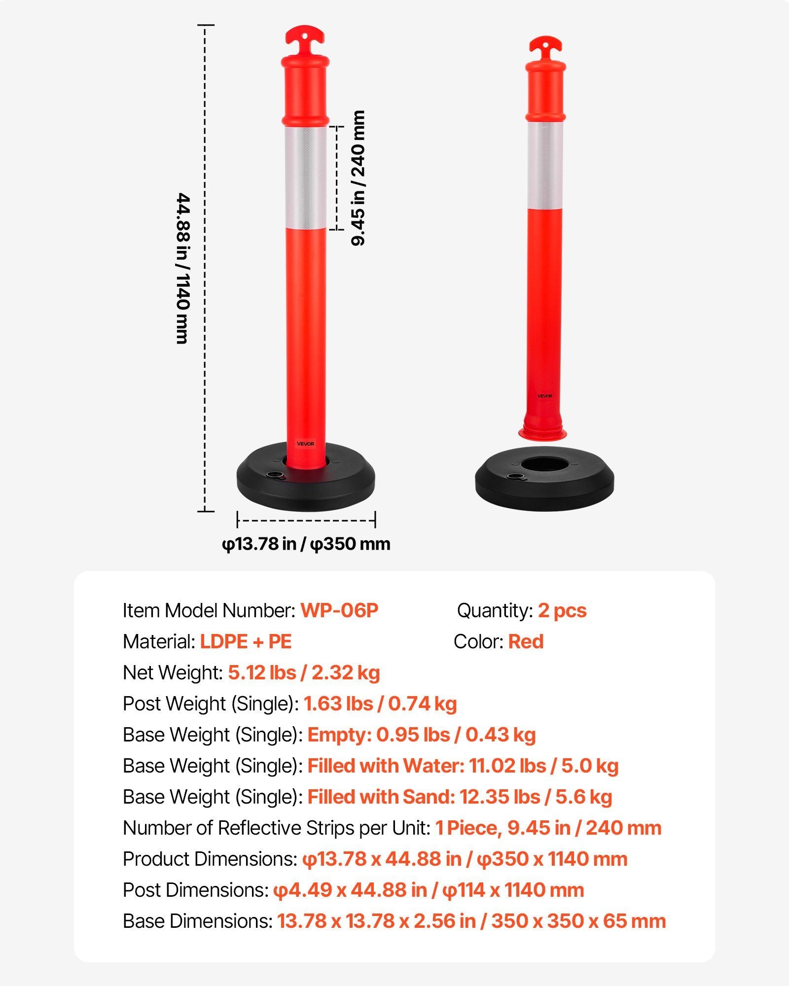 2 Pack Traffic Delineator Posts, 1140 mm Traffic Safety Cones with Fillable Base and Reflective Strips, Heavy V952-TCDZJTJSZHS4ZA5MR001V0