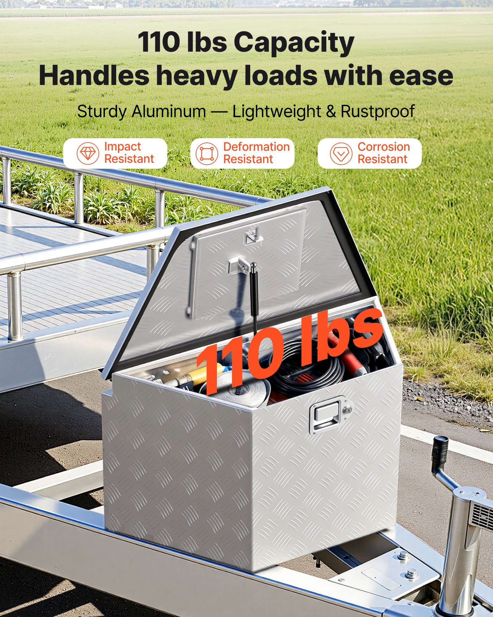 Trailer Tongue Box, 838 x 483 x 457 mm Aluminum Trailer Tongue Tool Box, Heavy Duty Storage Organizer with V952-TCGJX33X19X1G70EW001V0