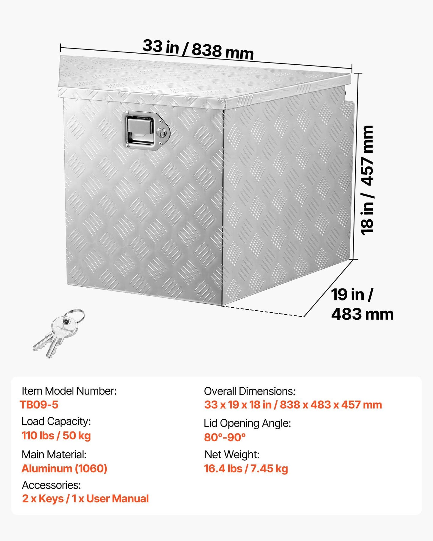 Trailer Tongue Box, 838 x 483 x 457 mm Aluminum Trailer Tongue Tool Box, Heavy Duty Storage Organizer with V952-TCGJX33X19X1G70EW001V0