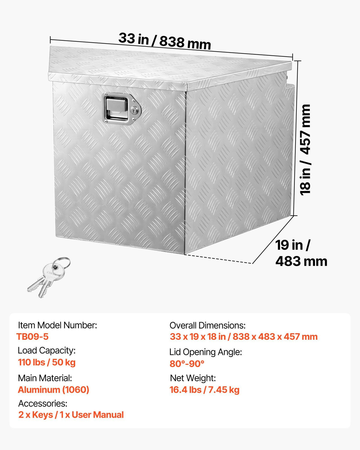 Trailer Tongue Box, 838 x 483 x 457 mm Aluminum Trailer Tongue Tool Box, Heavy Duty Storage Organizer with V952-TCGJX33X19X1G70EW001V0