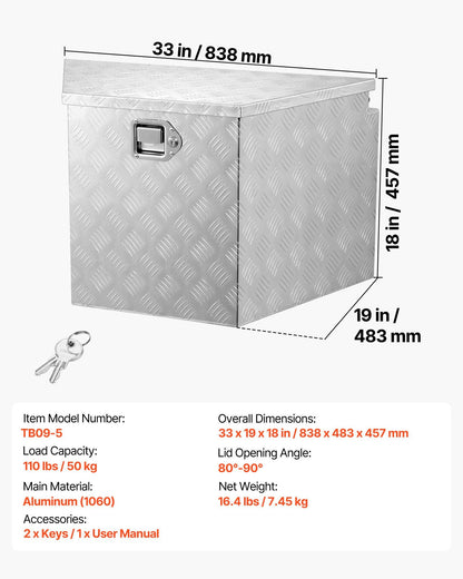Trailer Tongue Box, 838 x 483 x 457 mm Aluminum Trailer Tongue Tool Box, Heavy Duty Storage Organizer with V952-TCGJX33X19X1G70EW001V0