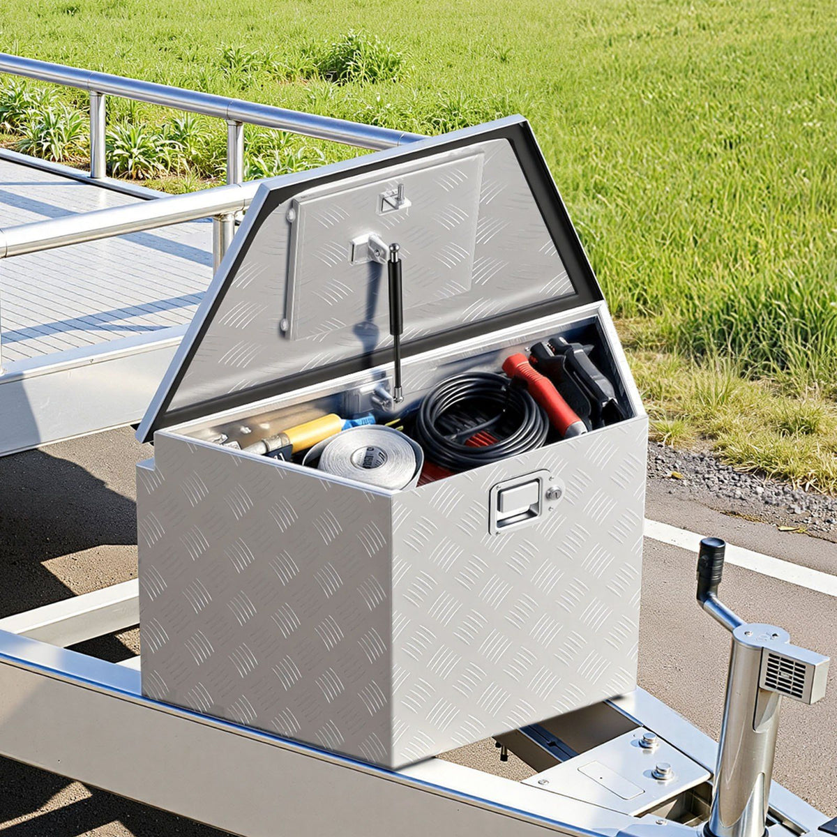 Trailer Tongue Box, 838 x 483 x 457 mm Aluminum Trailer Tongue Tool Box, Heavy Duty Storage Organizer with V952-TCGJX33X19X1G70EW001V0