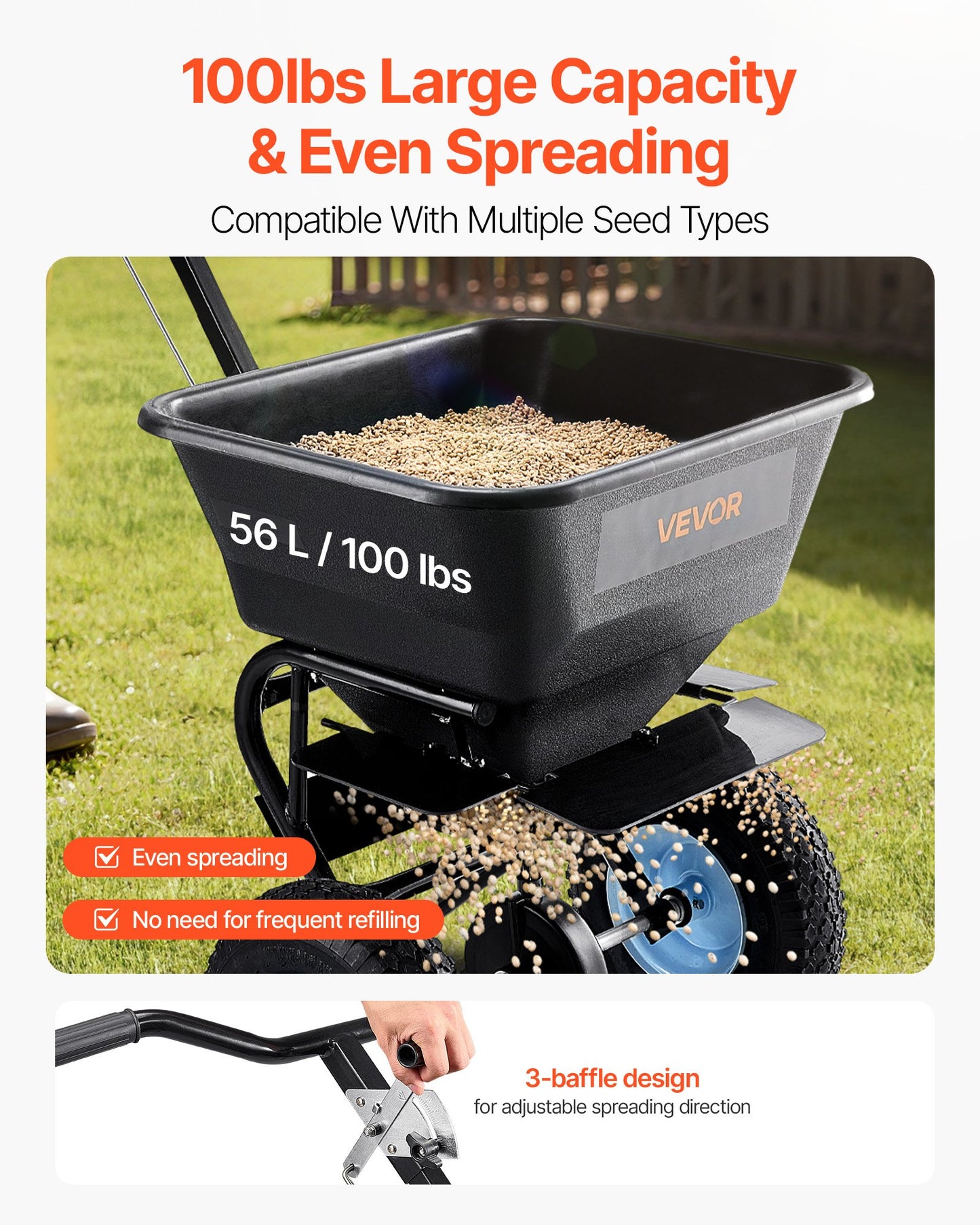 Lawn Spreader, 100LBS Capacity, Walk-Behind Push Spreader, 0-9.8ft Spreading Width, 13 in All Terrain V952-TCSBJ100LBSPEB08E001V0