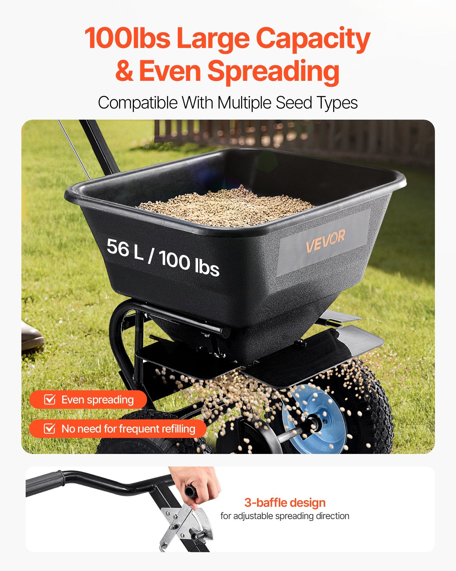 Lawn Spreader, 100LBS Capacity, Walk-Behind Push Spreader, 0-9.8ft Spreading Width, 13 in All Terrain V952-TCSBJ100LBSPEB08E001V0