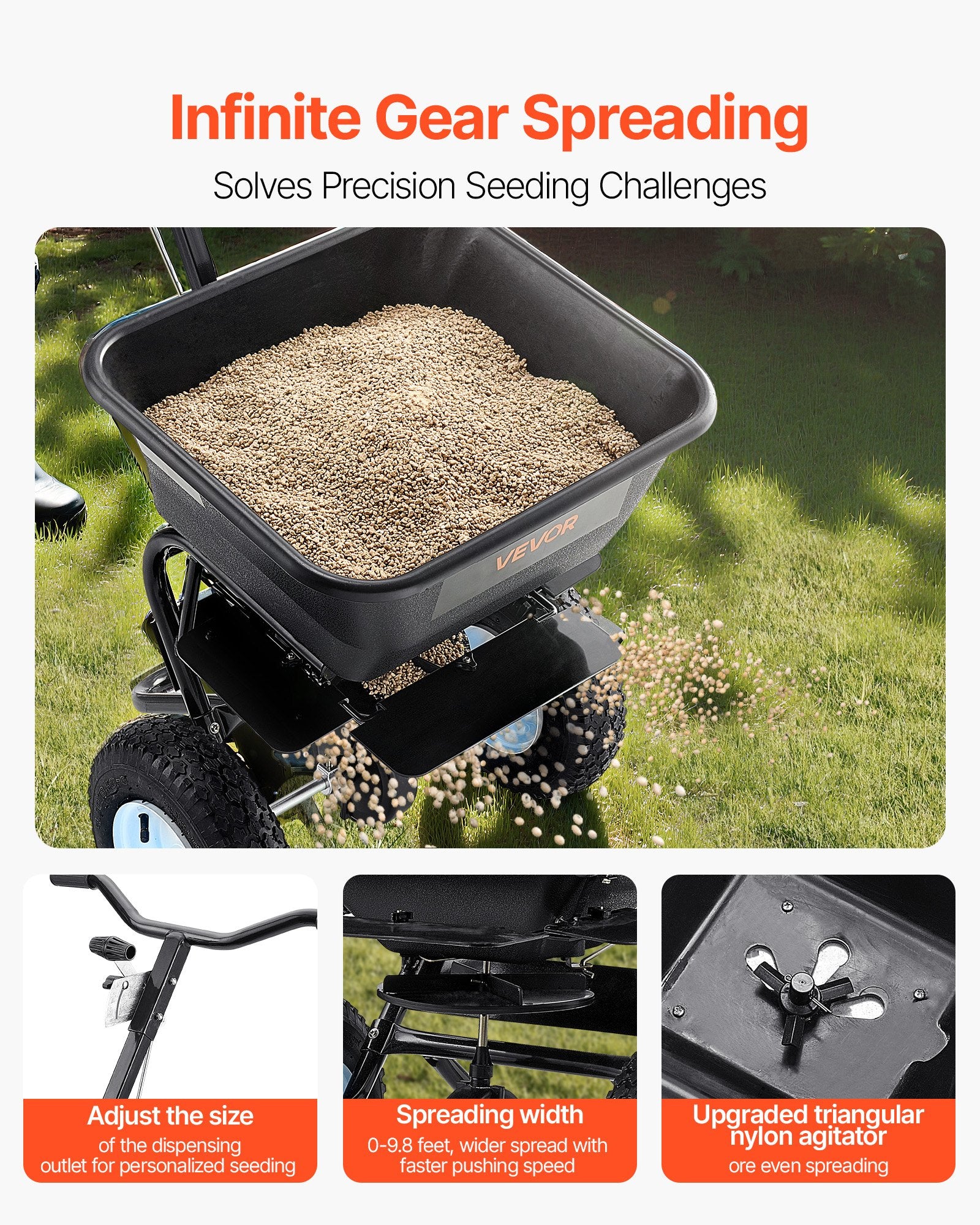 Lawn Spreader, 100LBS Capacity, Walk-Behind Push Spreader, 0-9.8ft Spreading Width, 13 in All Terrain V952-TCSBJ100LBSPEB08E001V0