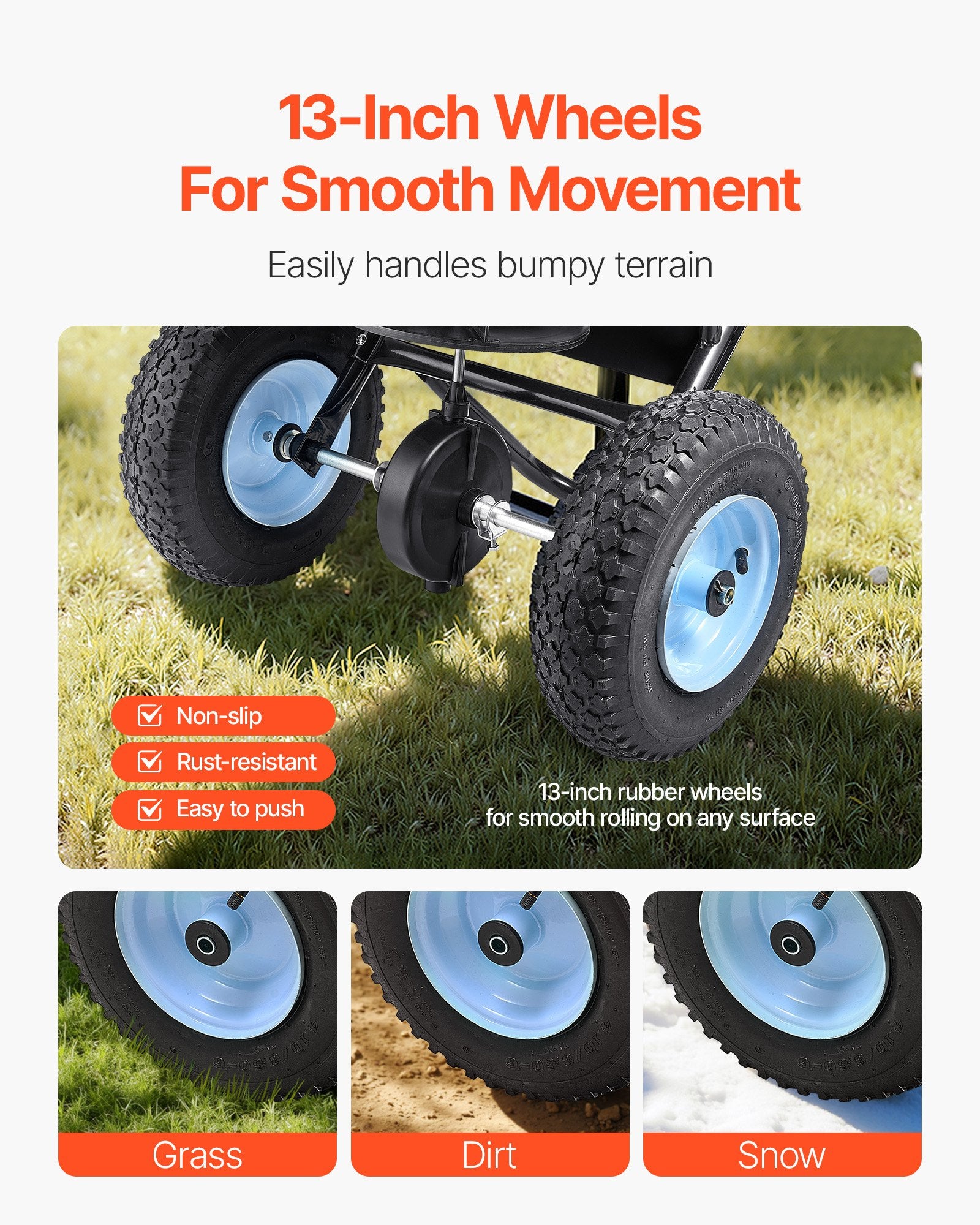 Lawn Spreader, 100LBS Capacity, Walk-Behind Push Spreader, 0-9.8ft Spreading Width, 13 in All Terrain V952-TCSBJ100LBSPEB08E001V0