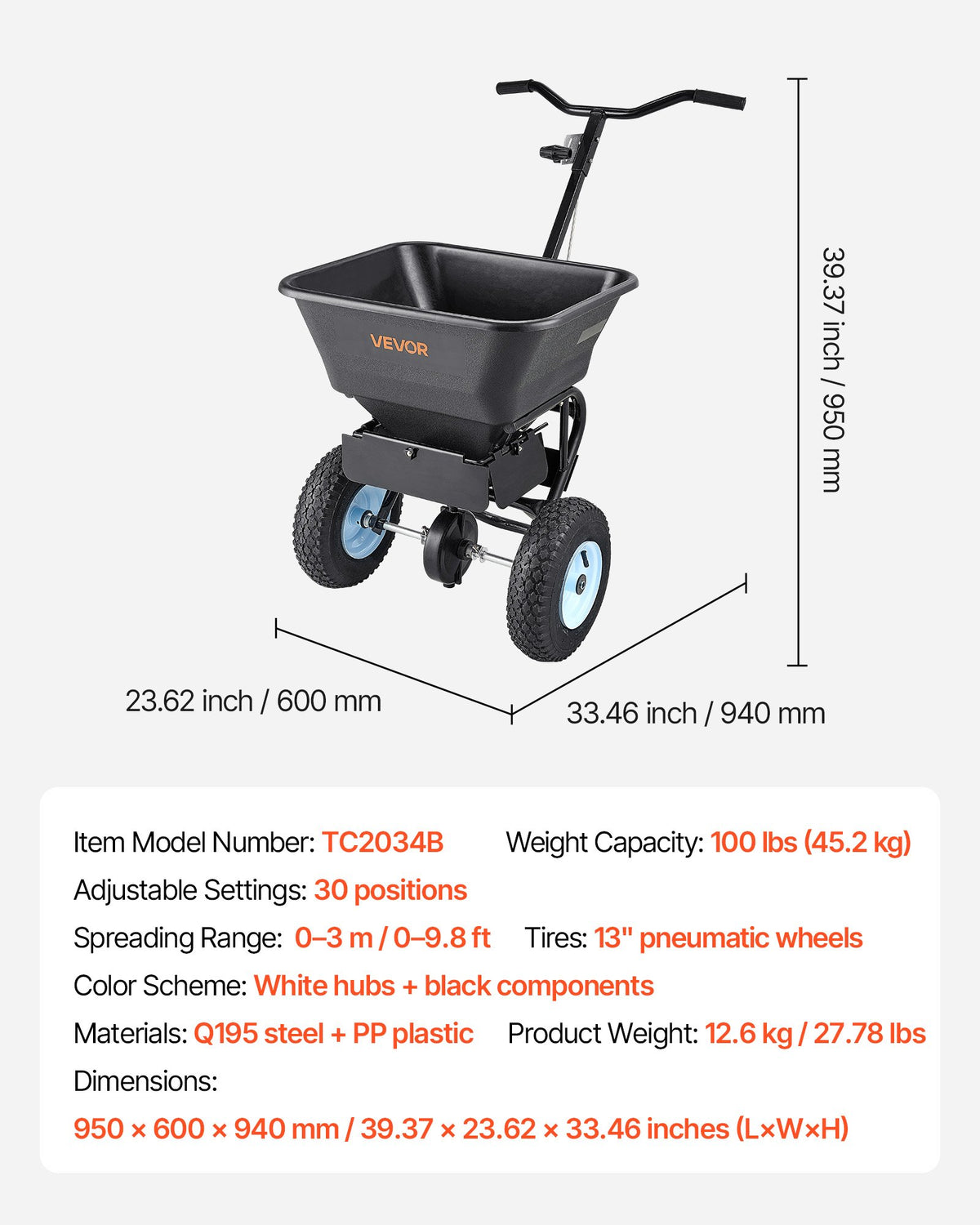 Lawn Spreader, 100LBS Capacity, Walk-Behind Push Spreader, 0-9.8ft Spreading Width, 13 in All Terrain V952-TCSBJ100LBSPEB08E001V0