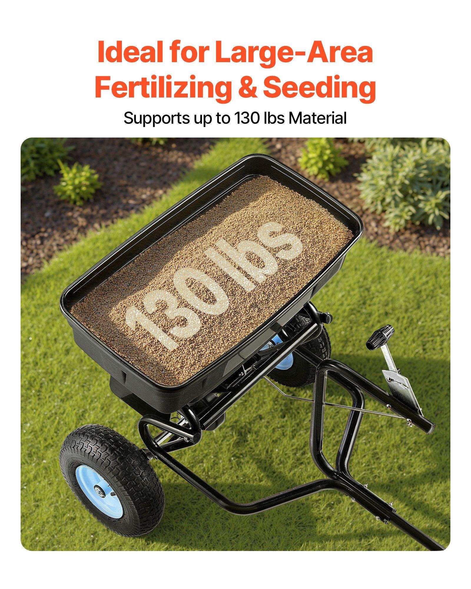 Tow Behind Broadcast Spreader, 130LBS Capacity, Tow/Push Garden Spreader with 13 in Tires, 30 Adjustable V952-TCSBJ130LBSPQZ8XK001V0