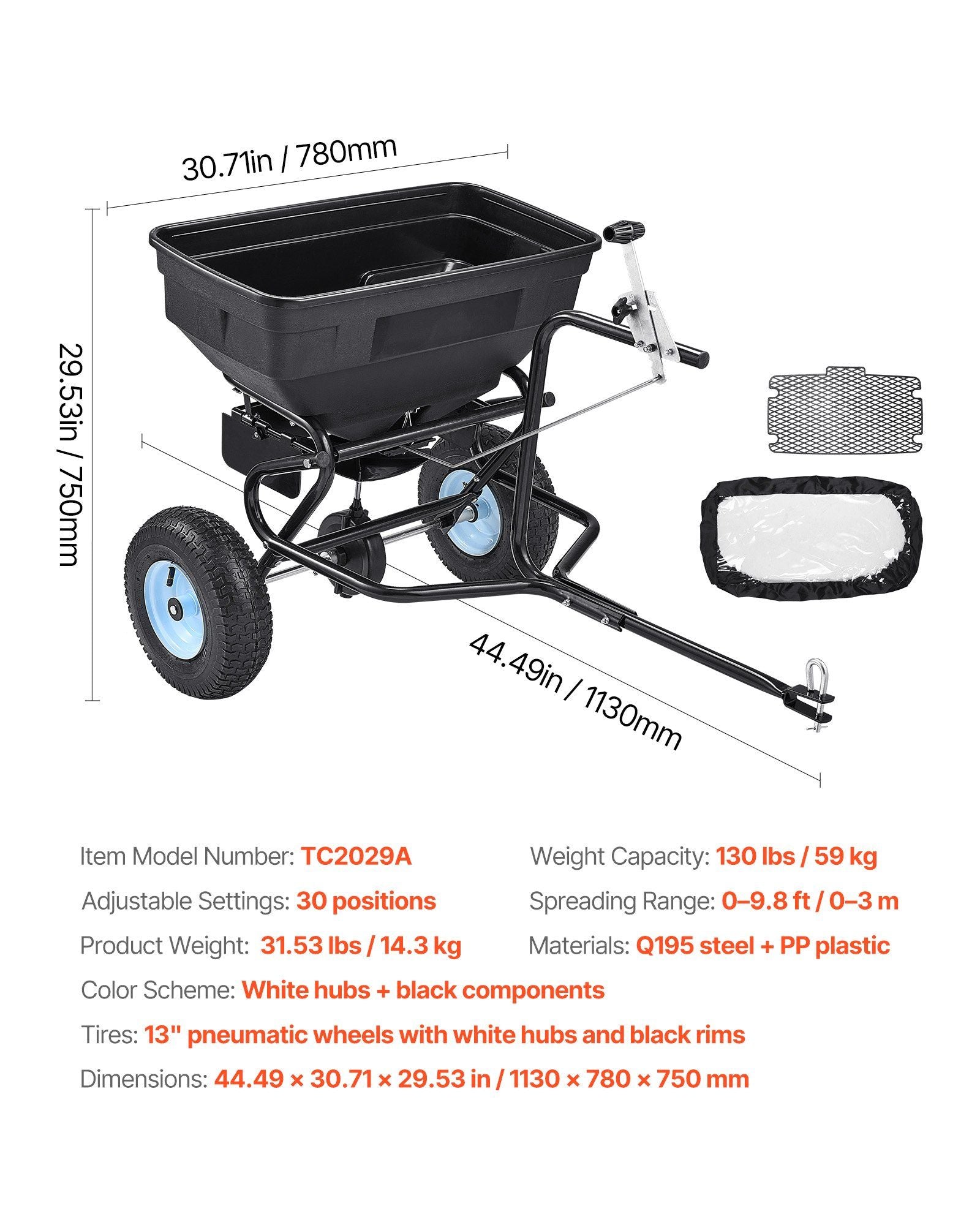 Tow Behind Broadcast Spreader, 130LBS Capacity, Tow/Push Garden Spreader with 13 in Tires, 30 Adjustable V952-TCSBJ130LBSPQZ8XK001V0