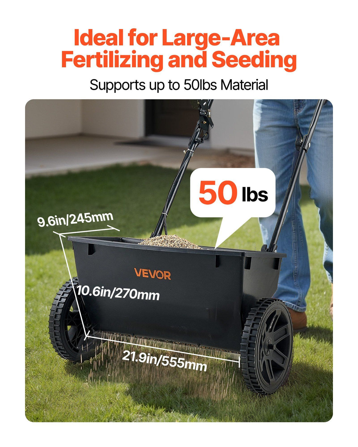 Walk-Behind Push Spreader, 22.6 kg Capacity, Drop Spreader with Hopper Grate, 18 in Spreading Width & 30 V952-TCSBJ50LBSPZFPVX6001V0