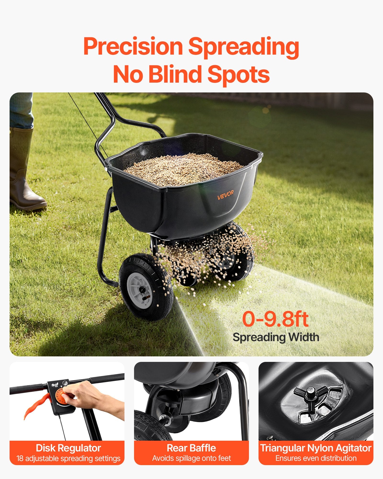 Walk Behind Spreader, 60LBS Capacity, Push Spreader with Hopper Grate, 0-9.8 ft Spreading Width, 8 in All V952-TCSBJ60LBSPZF8R6S001V0