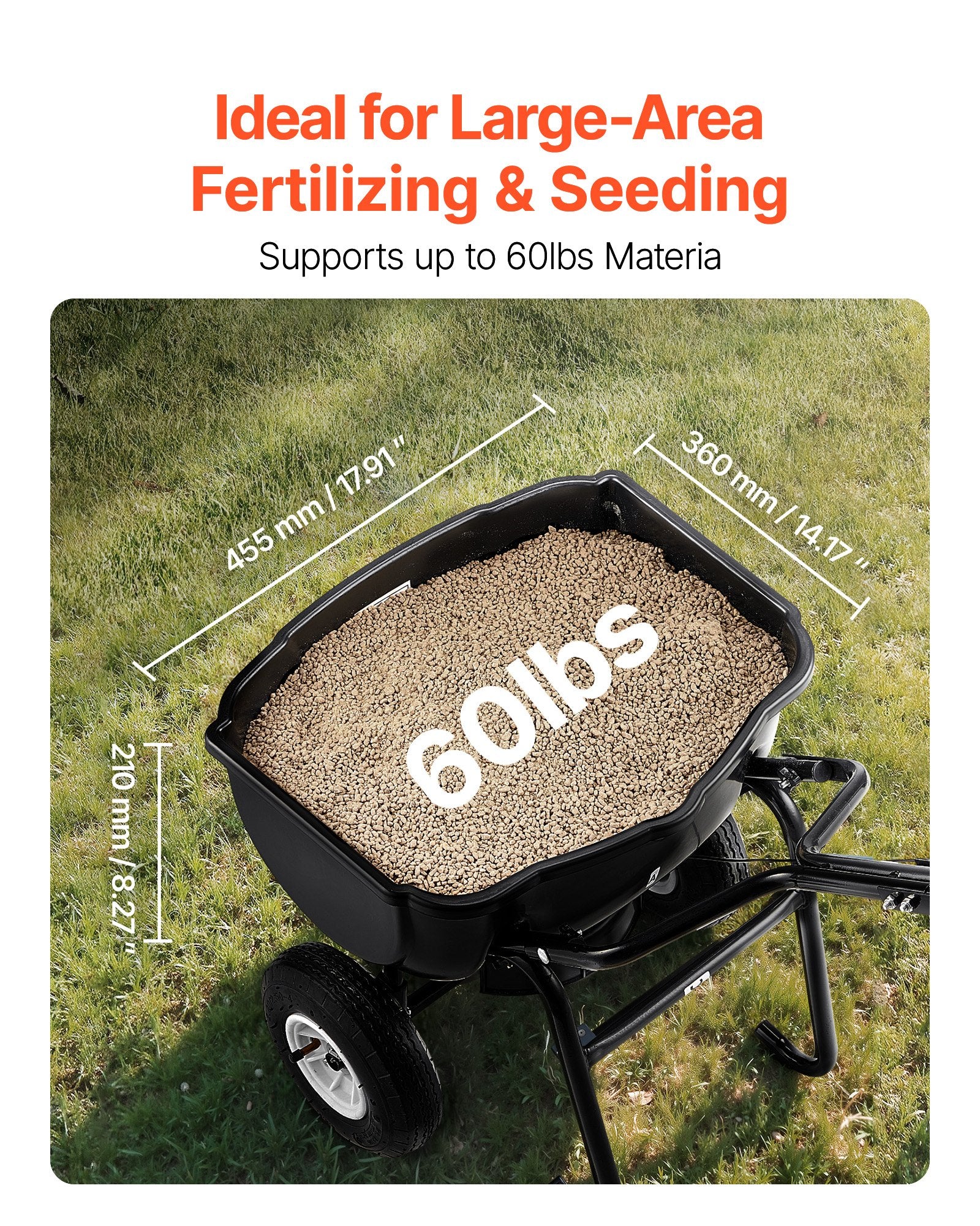 Walk Behind Spreader, 60LBS Capacity, Push Spreader with Hopper Grate, 0-9.8 ft Spreading Width, 8 in All V952-TCSBJ60LBSPZF8R6S001V0