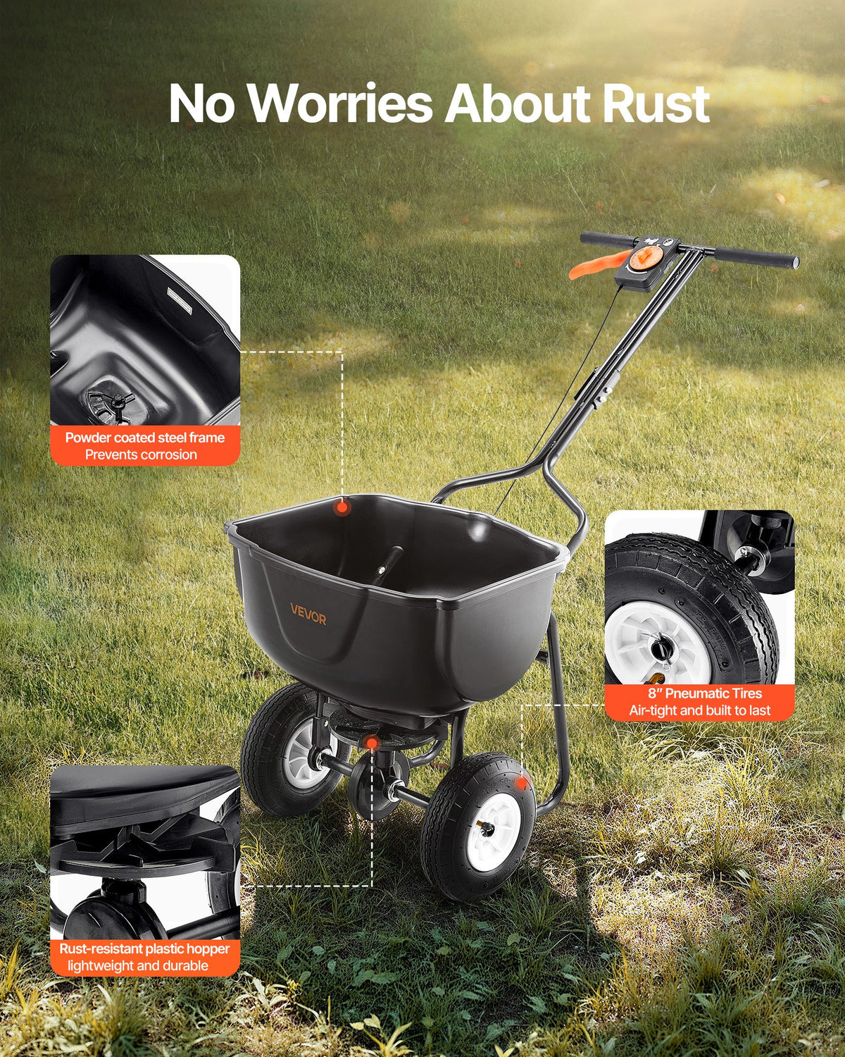 Walk Behind Spreader, 60LBS Capacity, Push Spreader with Hopper Grate, 0-9.8 ft Spreading Width, 8 in All V952-TCSBJ60LBSPZF8R6S001V0