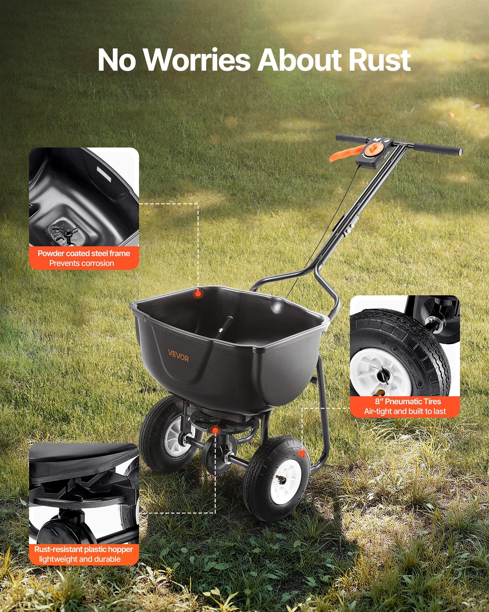 Walk Behind Spreader, 60LBS Capacity, Push Spreader with Hopper Grate, 0-9.8 ft Spreading Width, 8 in All V952-TCSBJ60LBSPZF8R6S001V0