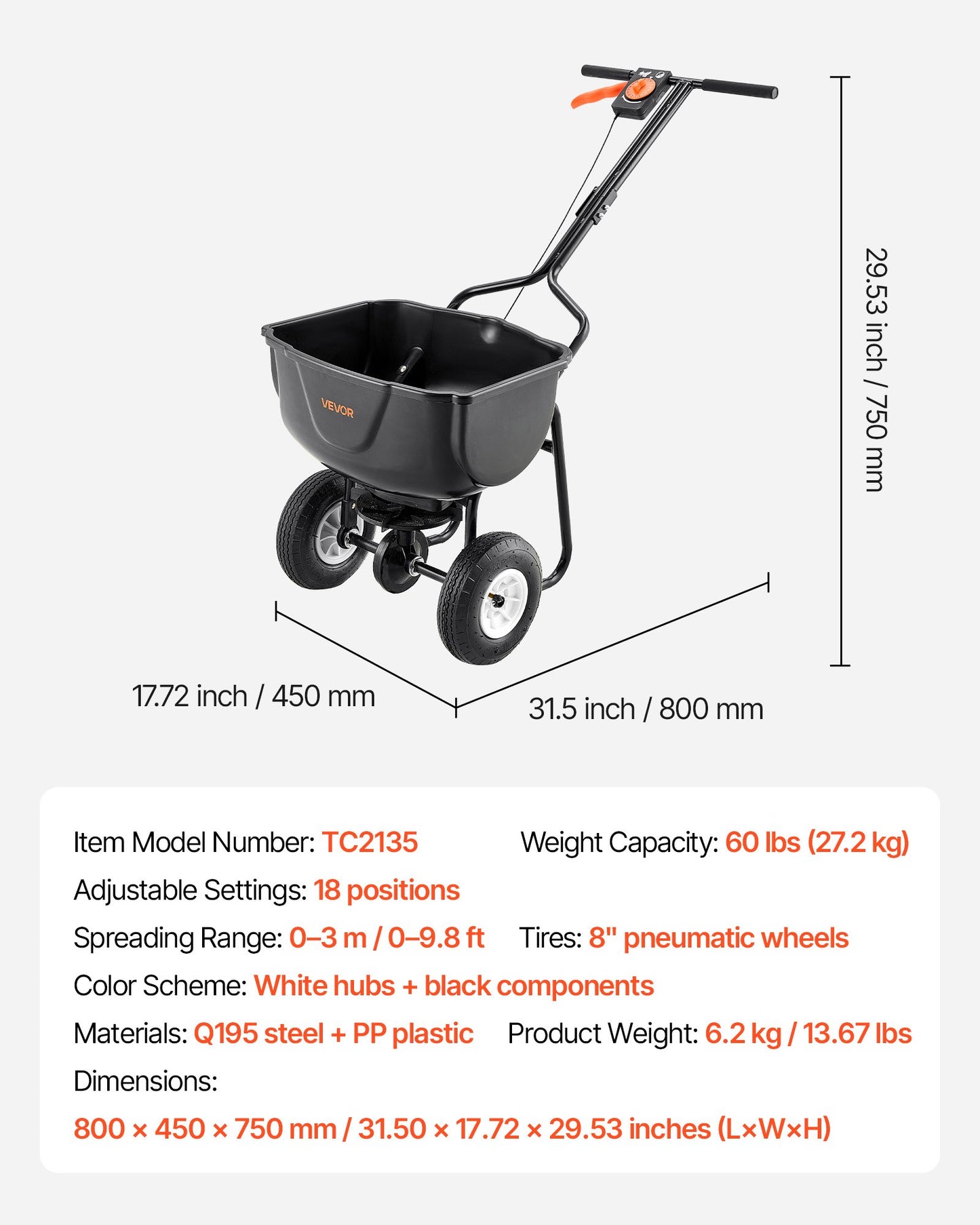 Walk Behind Spreader, 60LBS Capacity, Push Spreader with Hopper Grate, 0-9.8 ft Spreading Width, 8 in All V952-TCSBJ60LBSPZF8R6S001V0
