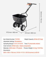 Walk Behind Spreader, 60LBS Capacity, Push Spreader with Hopper Grate, 0-9.8 ft Spreading Width, 8 in All V952-TCSBJ60LBSPZF8R6S001V0