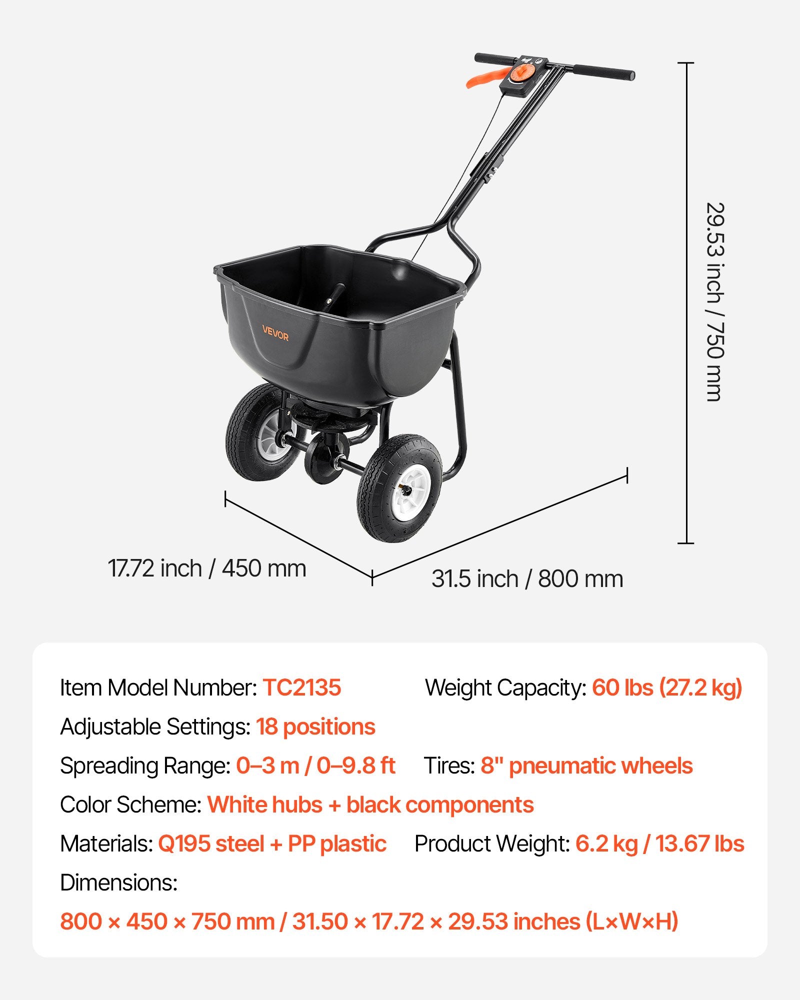 Walk Behind Spreader, 60LBS Capacity, Push Spreader with Hopper Grate, 0-9.8 ft Spreading Width, 8 in All V952-TCSBJ60LBSPZF8R6S001V0